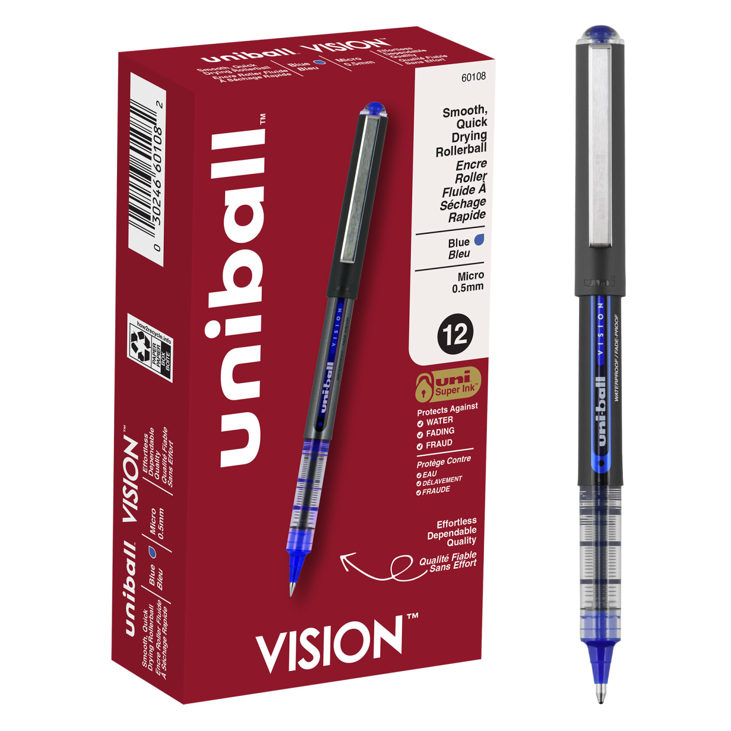 uni-ball Vision Rollerball Pens, Micro Point, 0.5 mm, Black Barrel, Blue Ink, Pack Of 12
