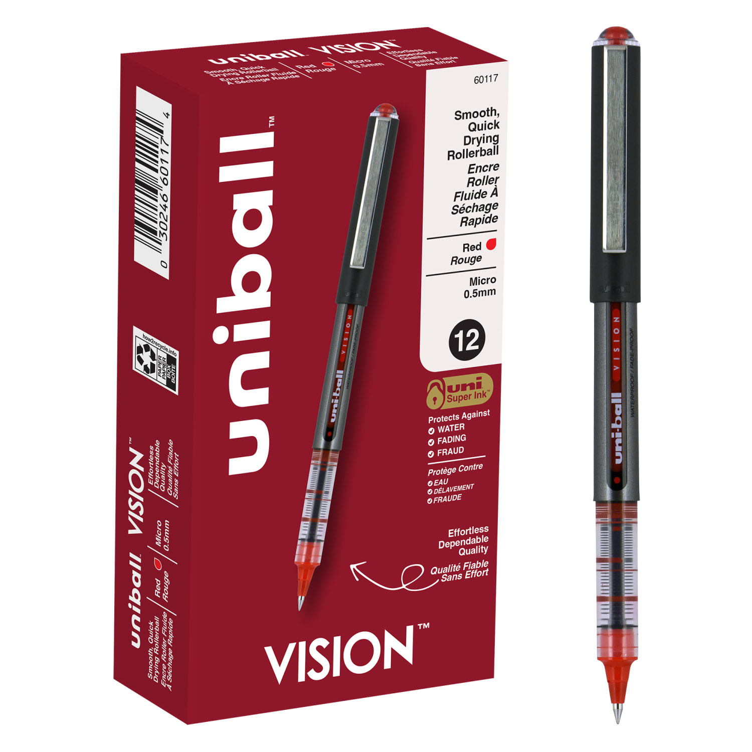 uni-ball Vision Rollerball Pens, Micro Point, 0.5 mm, Black Barrel, Red Ink, Pack Of 12