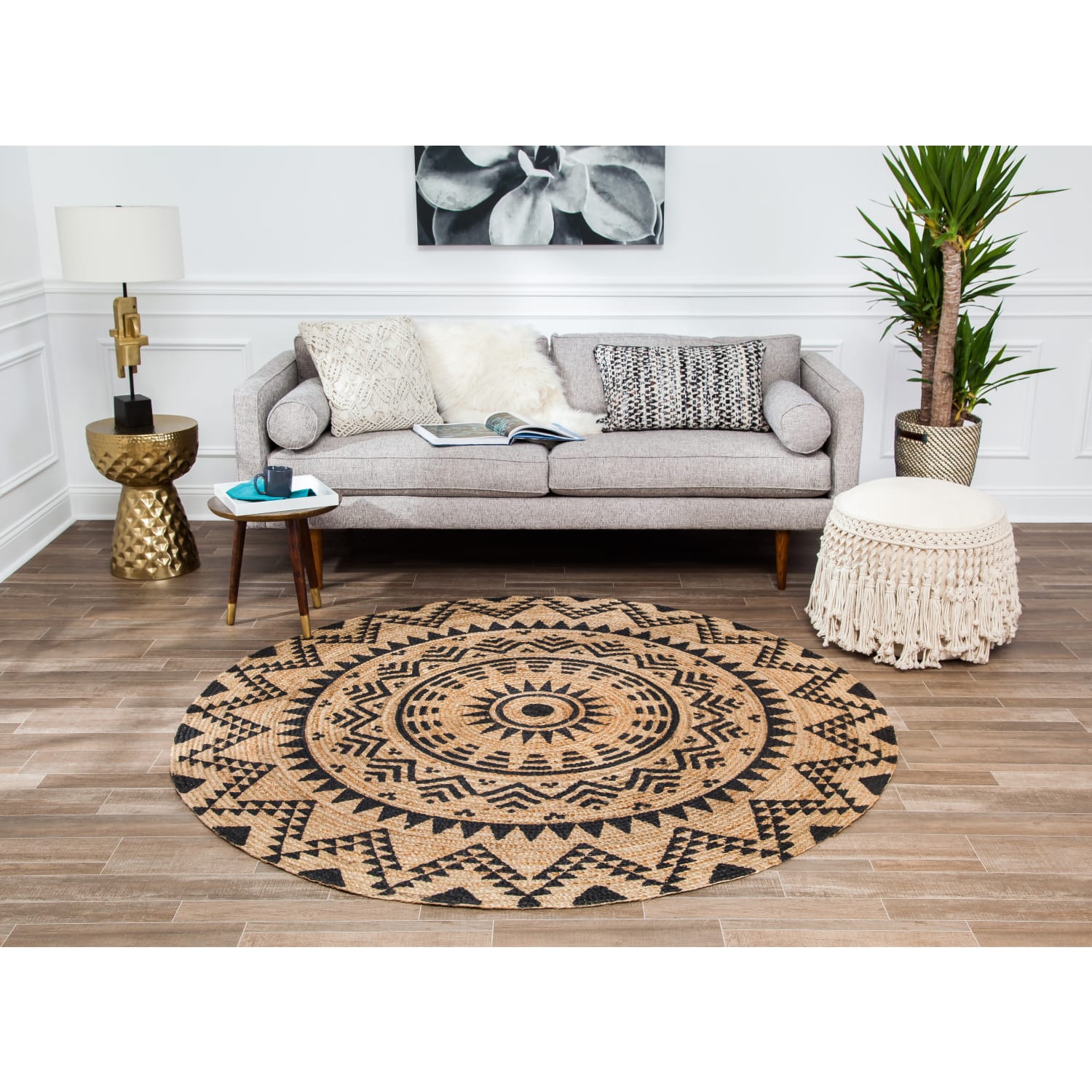 Anji Mountain Round Cortez Rug, 4ft Diameter, Tan/Black - Image 3