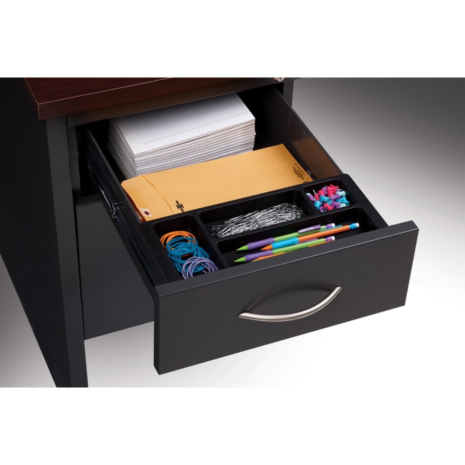 WorkPro Modular 60inW x 30inD Double-Pedestal Computer Desk, Charcoal/Mahogany - Image 6
