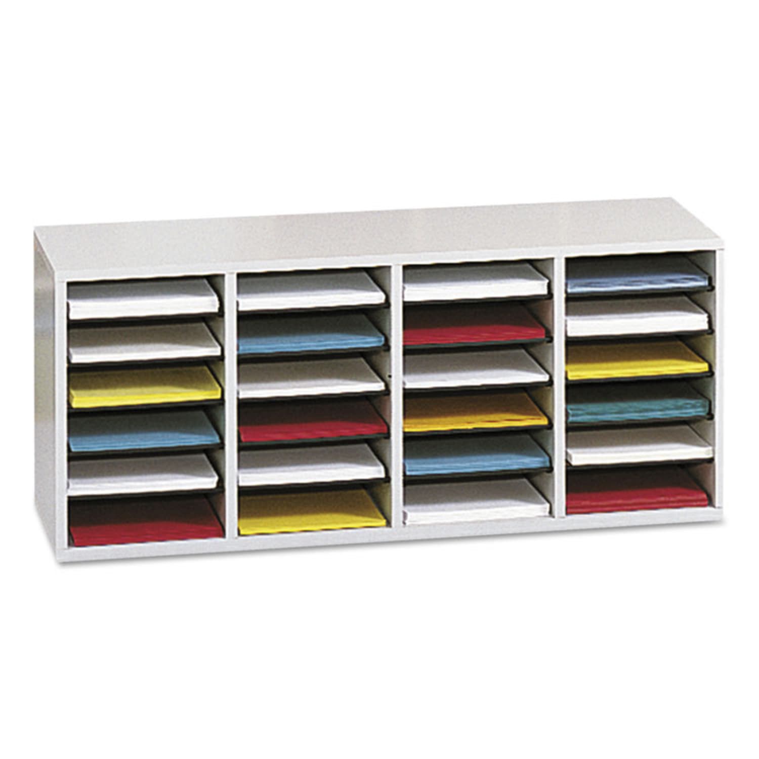 Safco Adjustable Wood Literature Organizer, 16 3/8inH x 39 3/8inW x 11 3/4inD, 24 Compartments, Gray - Image 3