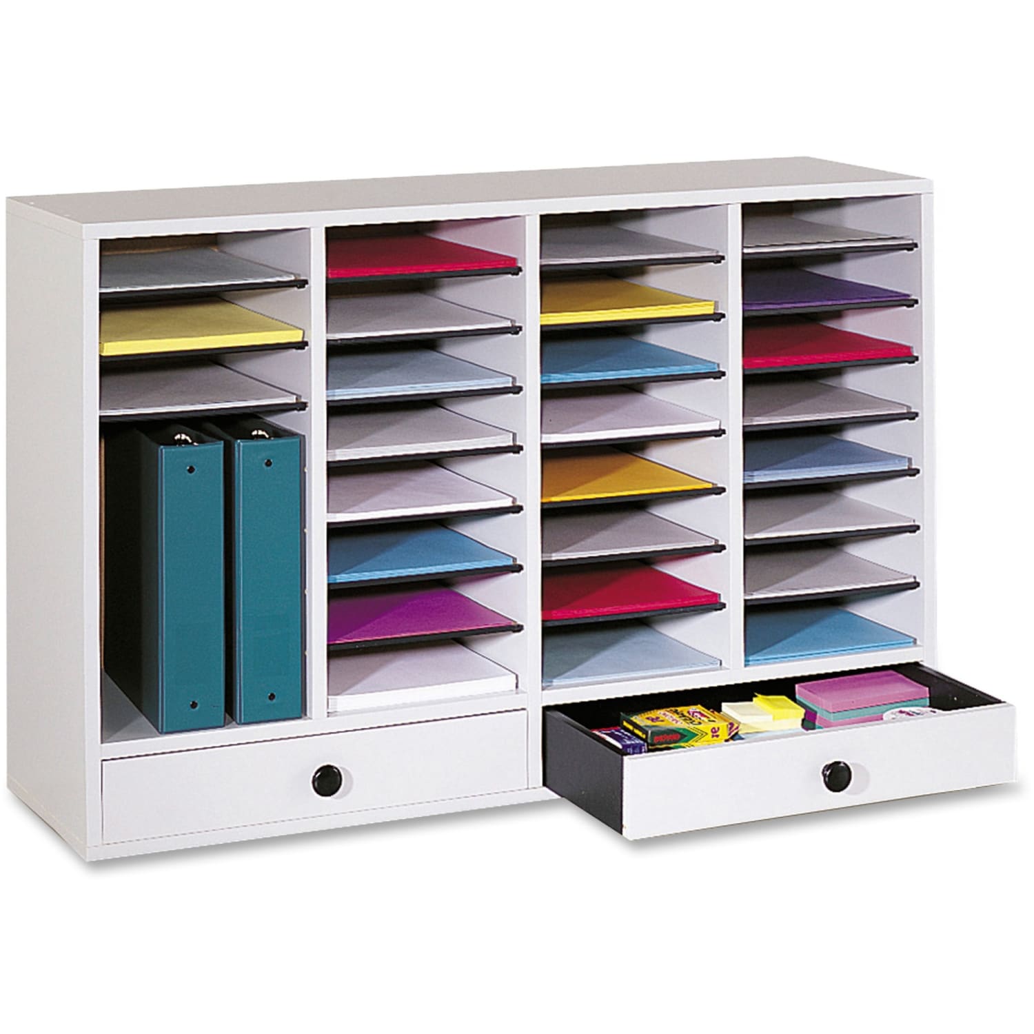 Safco Adjustable Wood Literature Organizer, 25 3/8inH x 39 3/8inW x 11 3/4inD, 32 Compartments, 2 Drawers, Gray - Image 3