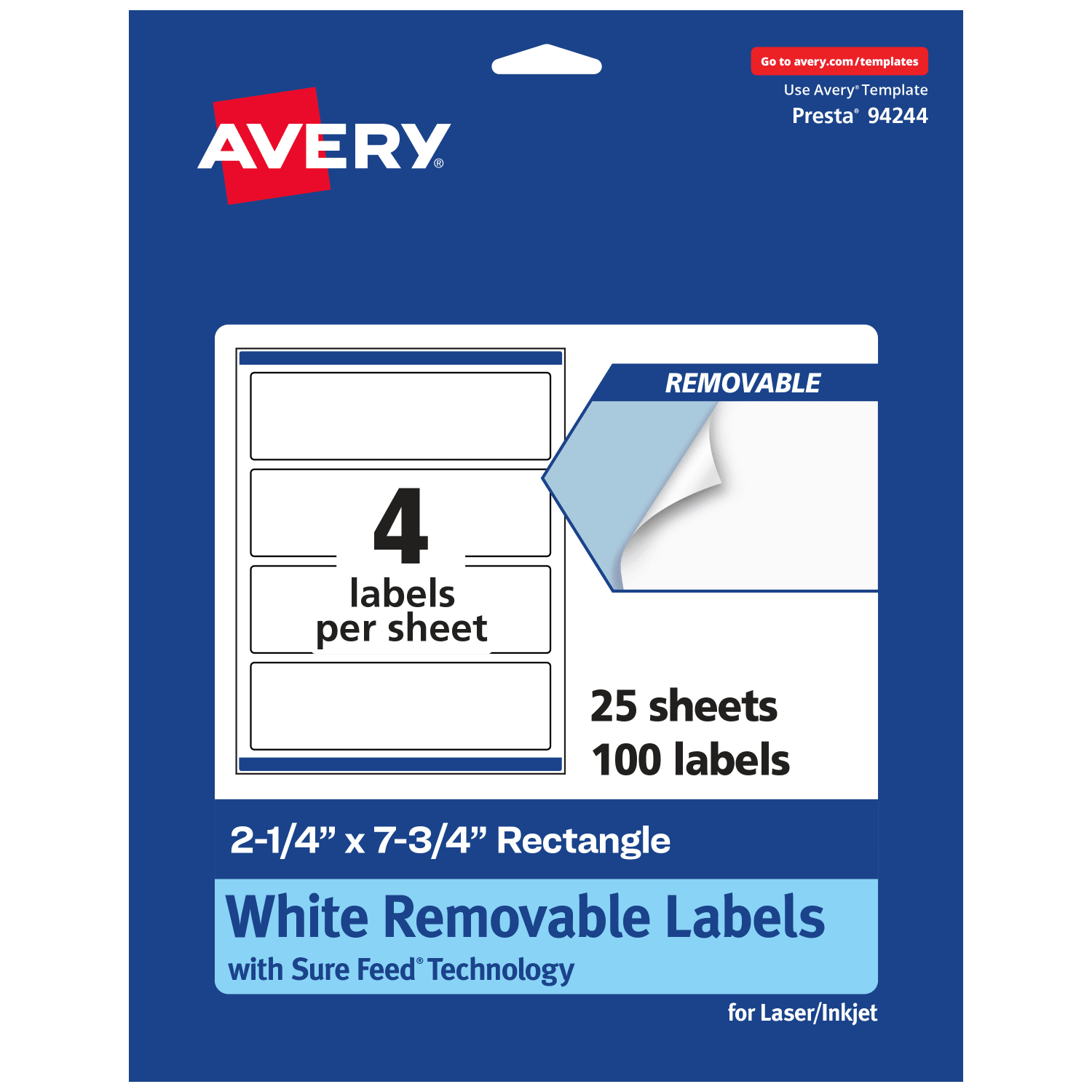 Avery Removable Labels With Sure Feed, 94244-RMP25, Rectangle, 2-1/4in x 7-3/4in, White, Pack Of 100 Labels