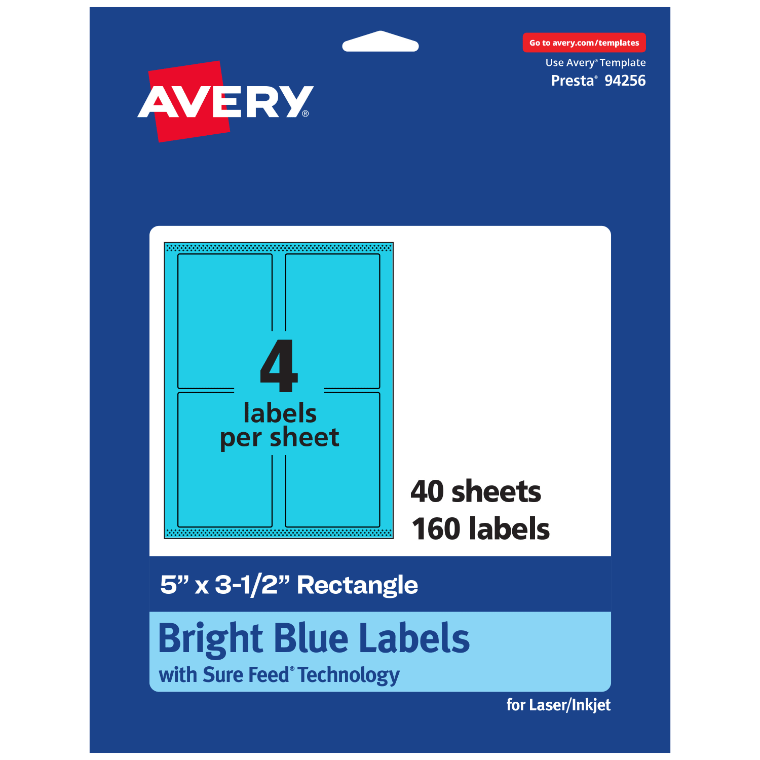 Avery Printable Labels With Sure Feed Technology, 94256-BBP40, Rectangle, 5in x 3-1/2in, Matte Bright Blue, Pack of 160 - Image 3