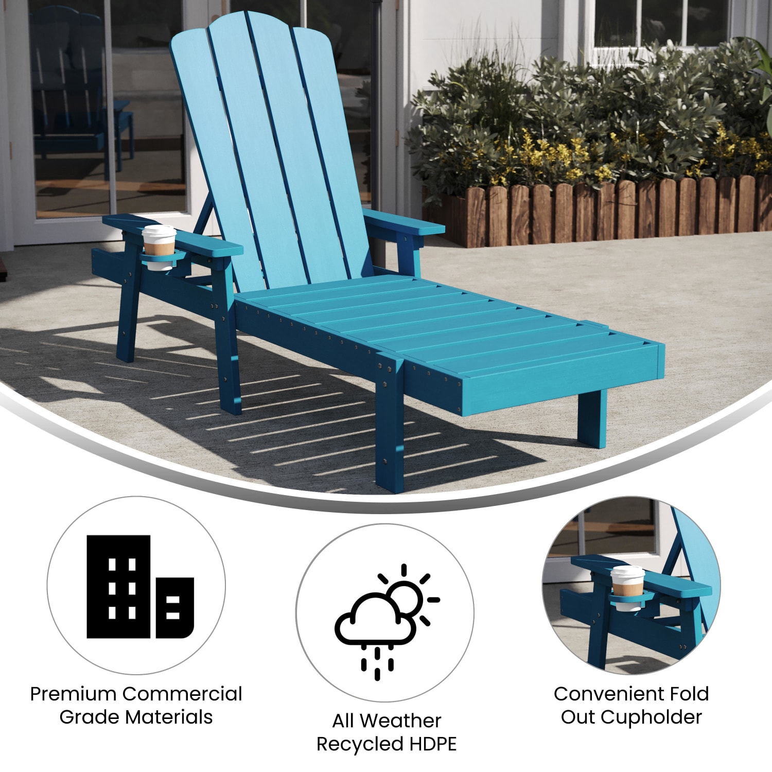 Flash Furniture Sonora Commercial Grade Adjustable Adirondack Lounger with Cupholder All Weather IndoorOutdoor Recycled HDPE Lounge Chair Blue PopularChairscom