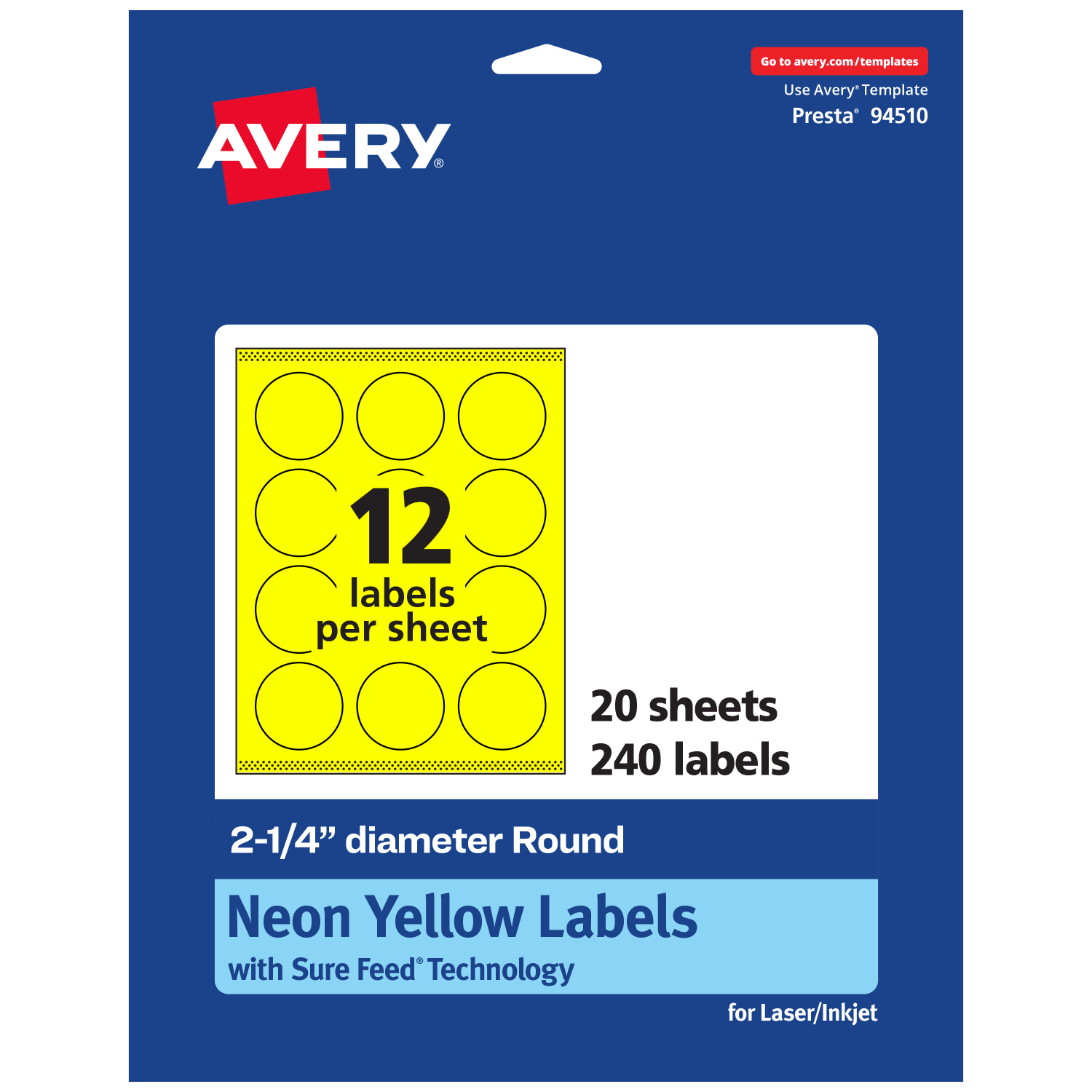 Avery Print-To-The-Edge Labels With Sure Feed Technology, 94510-NYP20, Round, 2-1/4in, Matte Neon Yellow, Pack of 240