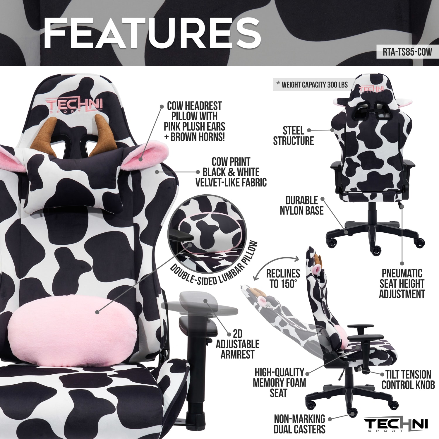 Techni Sport Cow Series Ergonomic Fabric Computer Gaming Chair, White/Black - Image 4