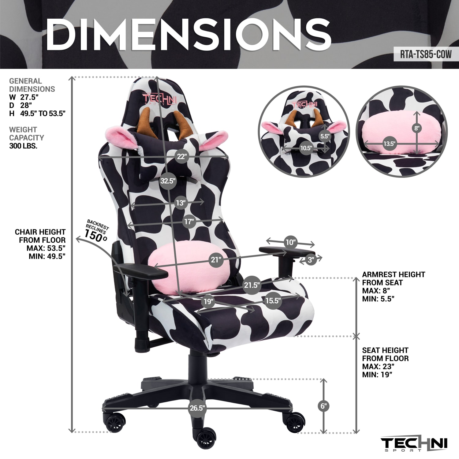 Techni Sport Cow Series Ergonomic Fabric Computer Gaming Chair, White/Black - Image 5