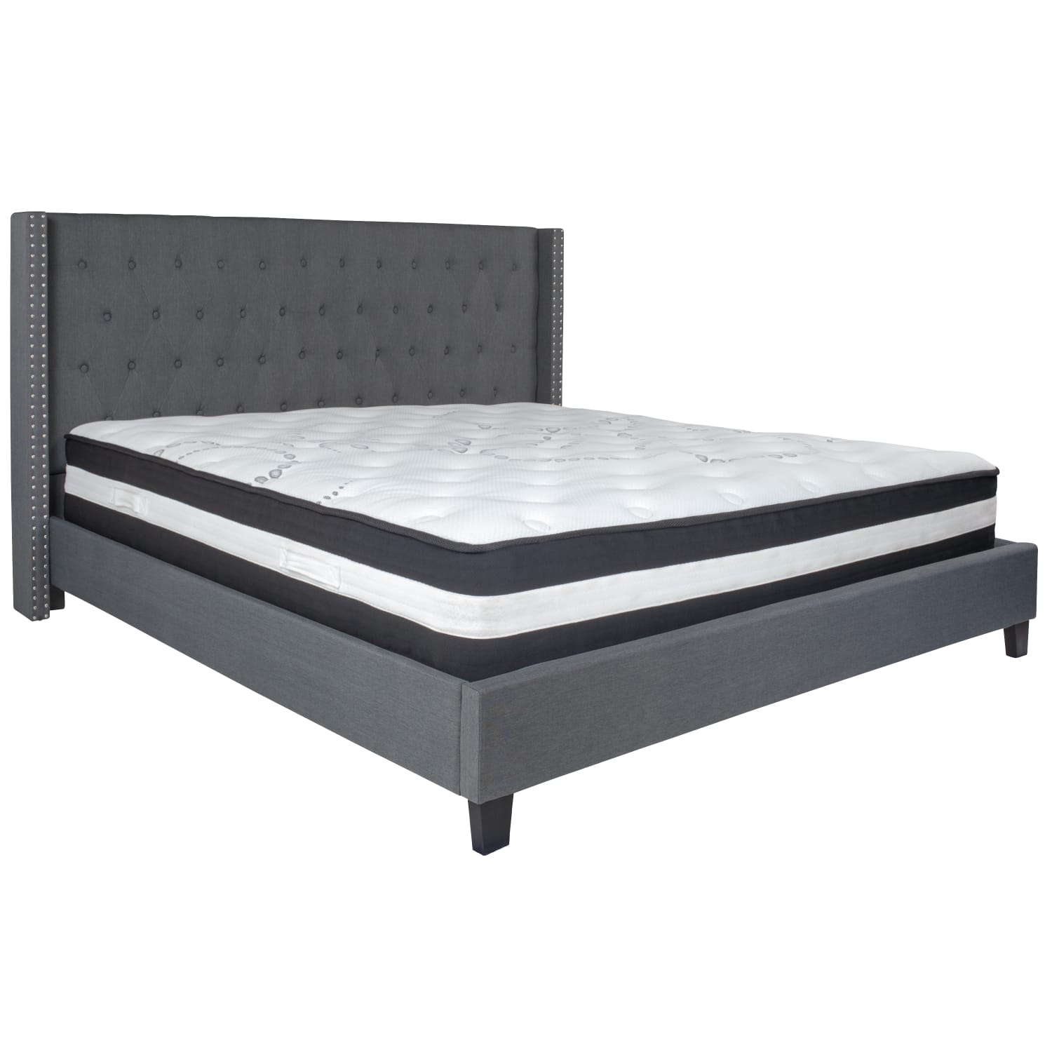 Flash Furniture Riverdale Tufted Upholstered Platform Bed With Accent Nail Trimmed Extended Sides And Pocket Spring Mattress, King, Dark Gray - Image 3