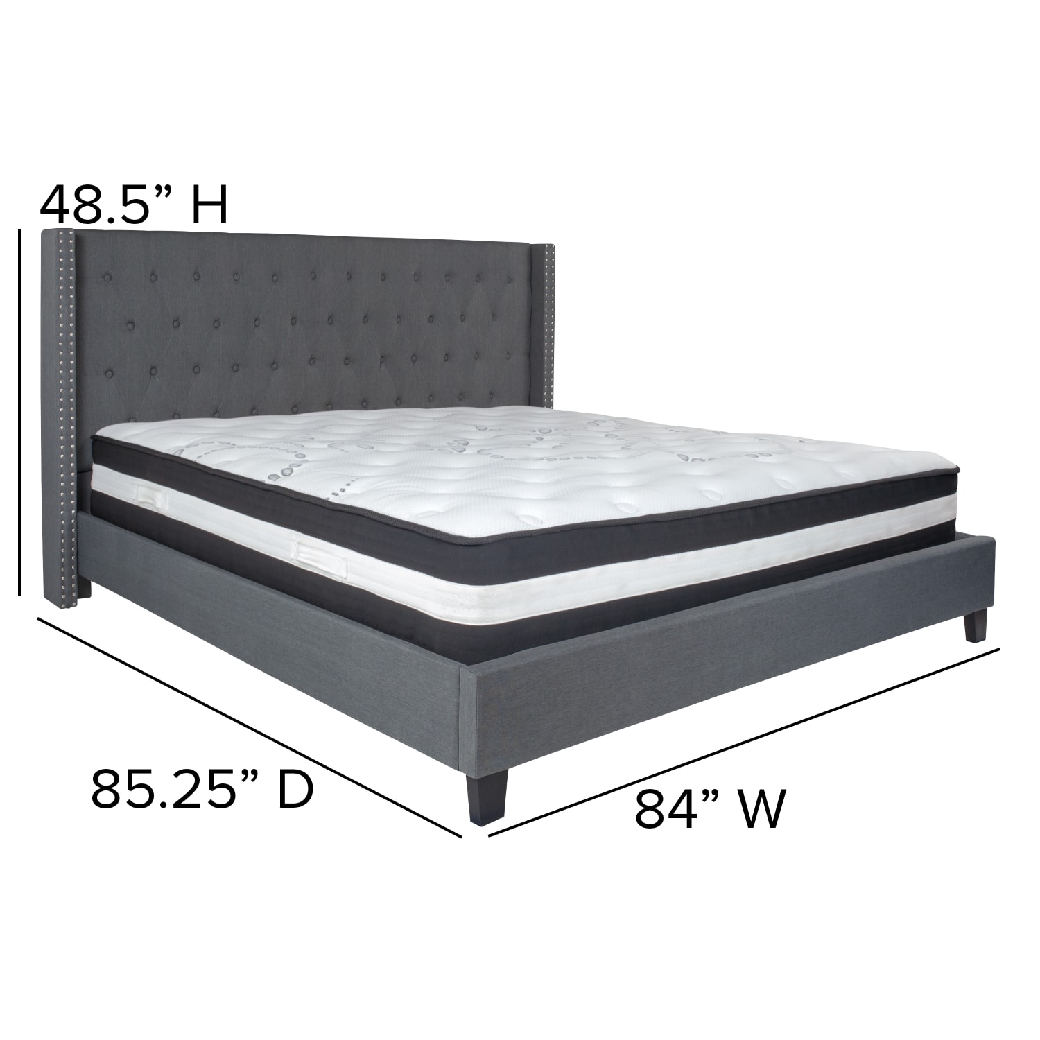 Flash Furniture Riverdale Tufted Upholstered Platform Bed With Accent Nail Trimmed Extended Sides And Pocket Spring Mattress, King, Dark Gray - Image 5