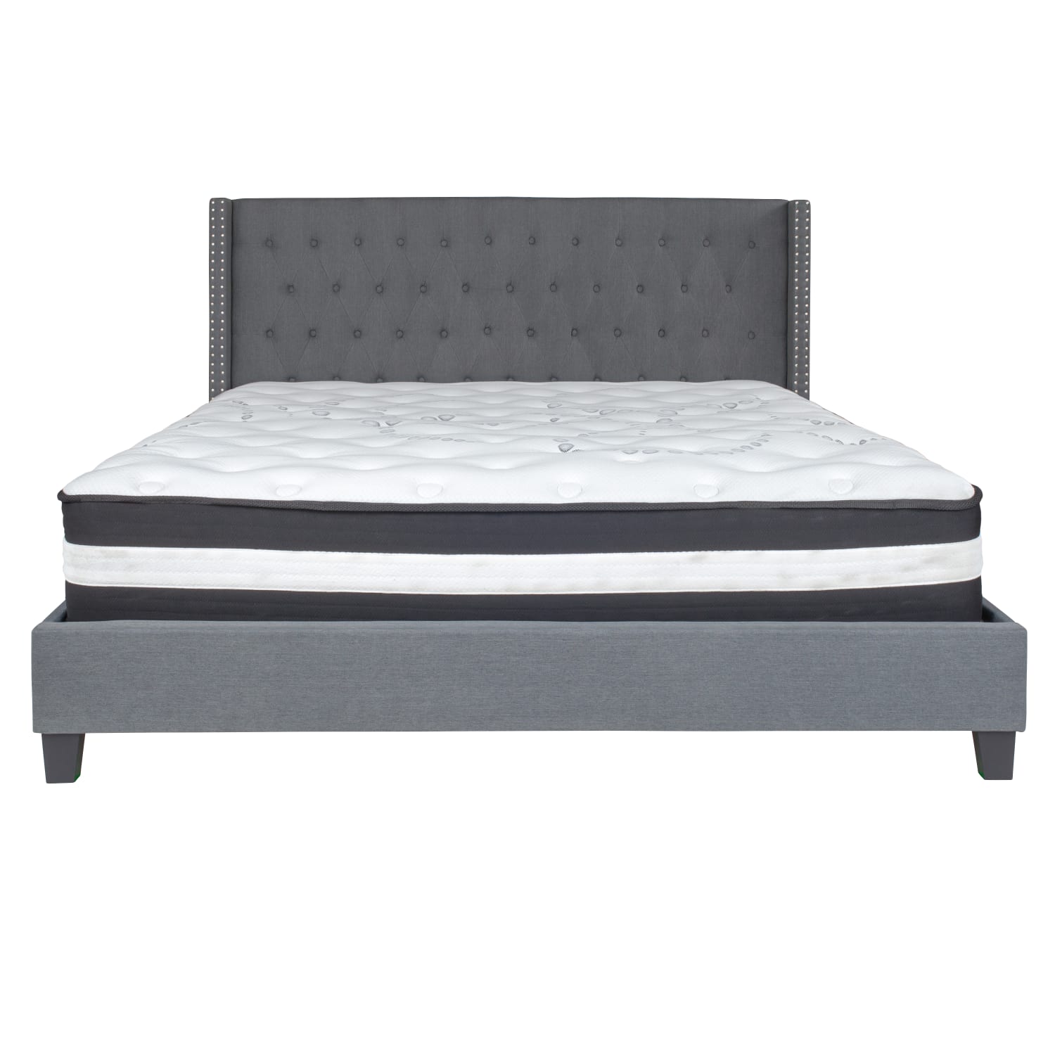 Flash Furniture Riverdale Tufted Upholstered Platform Bed With Accent Nail Trimmed Extended Sides And Pocket Spring Mattress, King, Dark Gray - Image 6