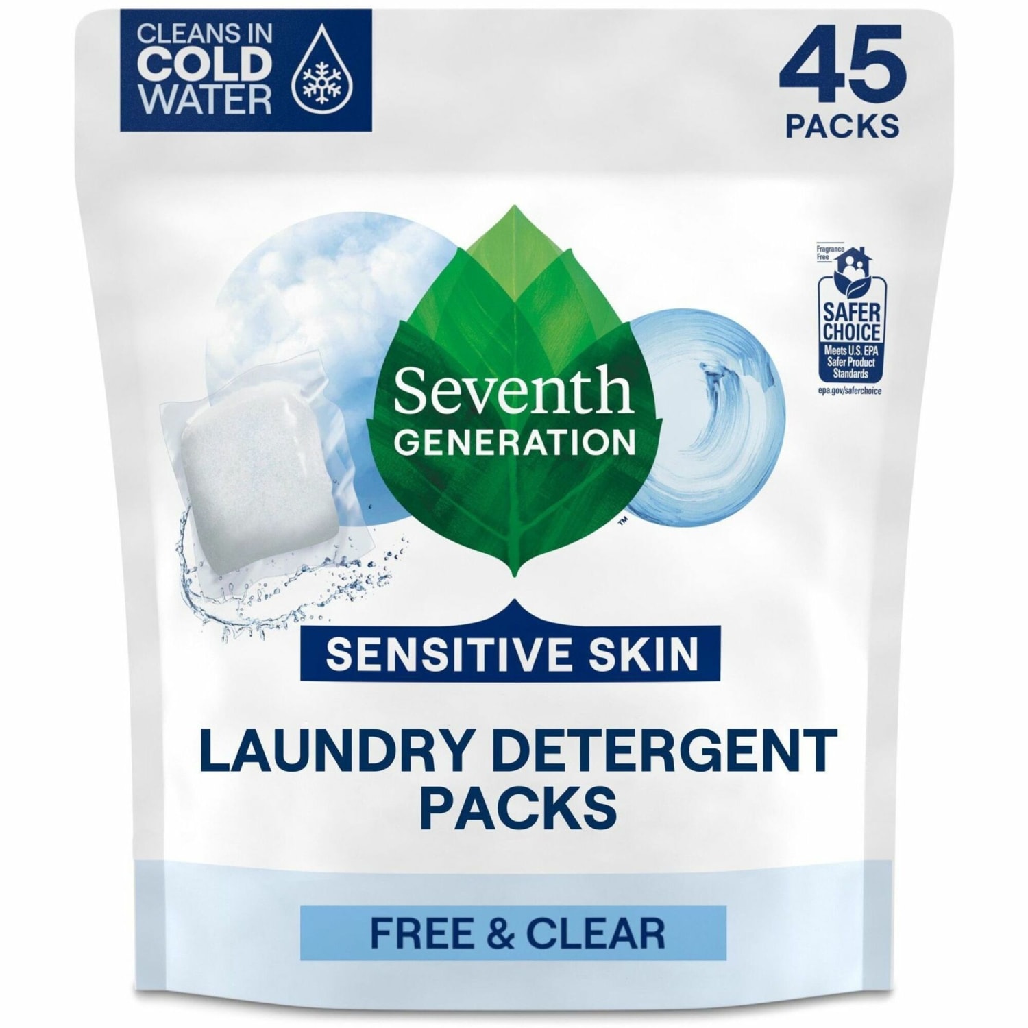 Seventh Generation Free & Clear Laundry Detergent Packs, Unscented, Pack Of 45