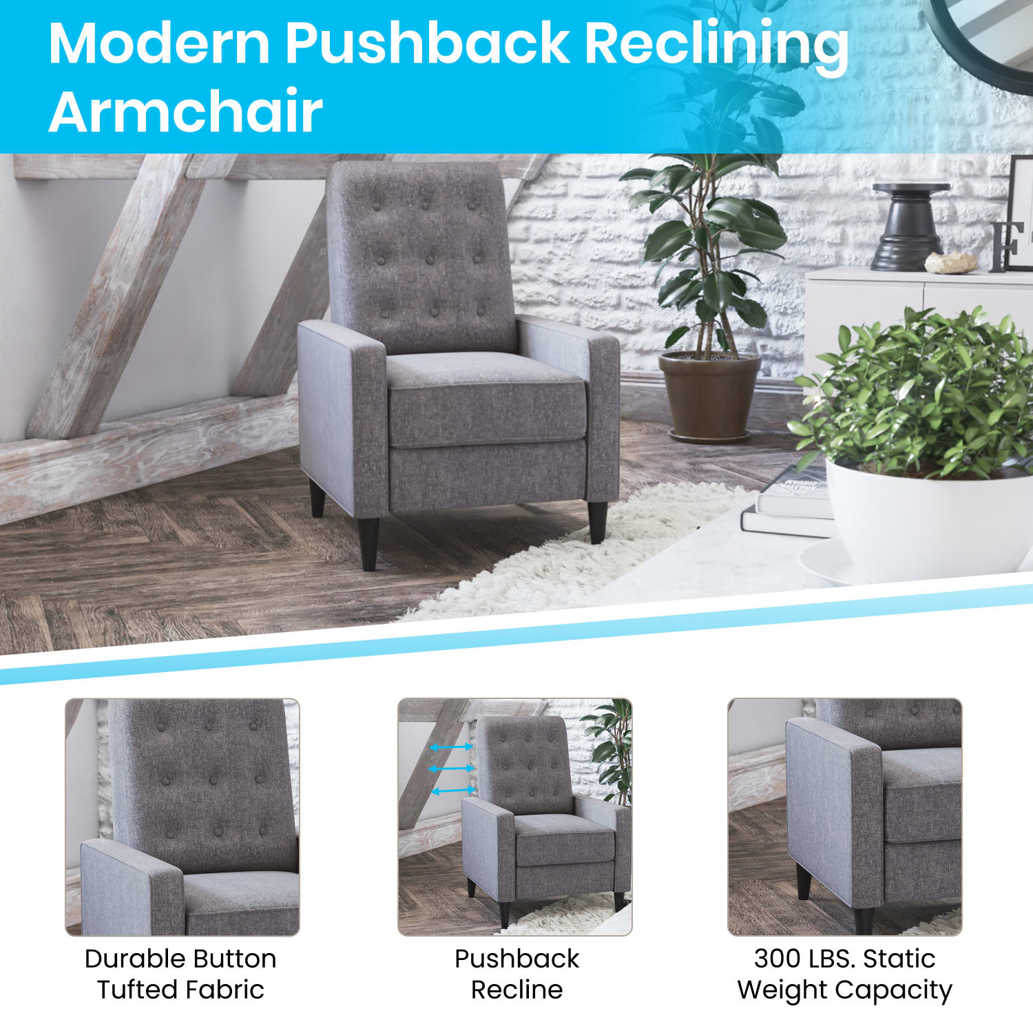 Flash Furniture Ezra Upholstered Button-Tufted Push-Back Recliner, Gray - Image 5