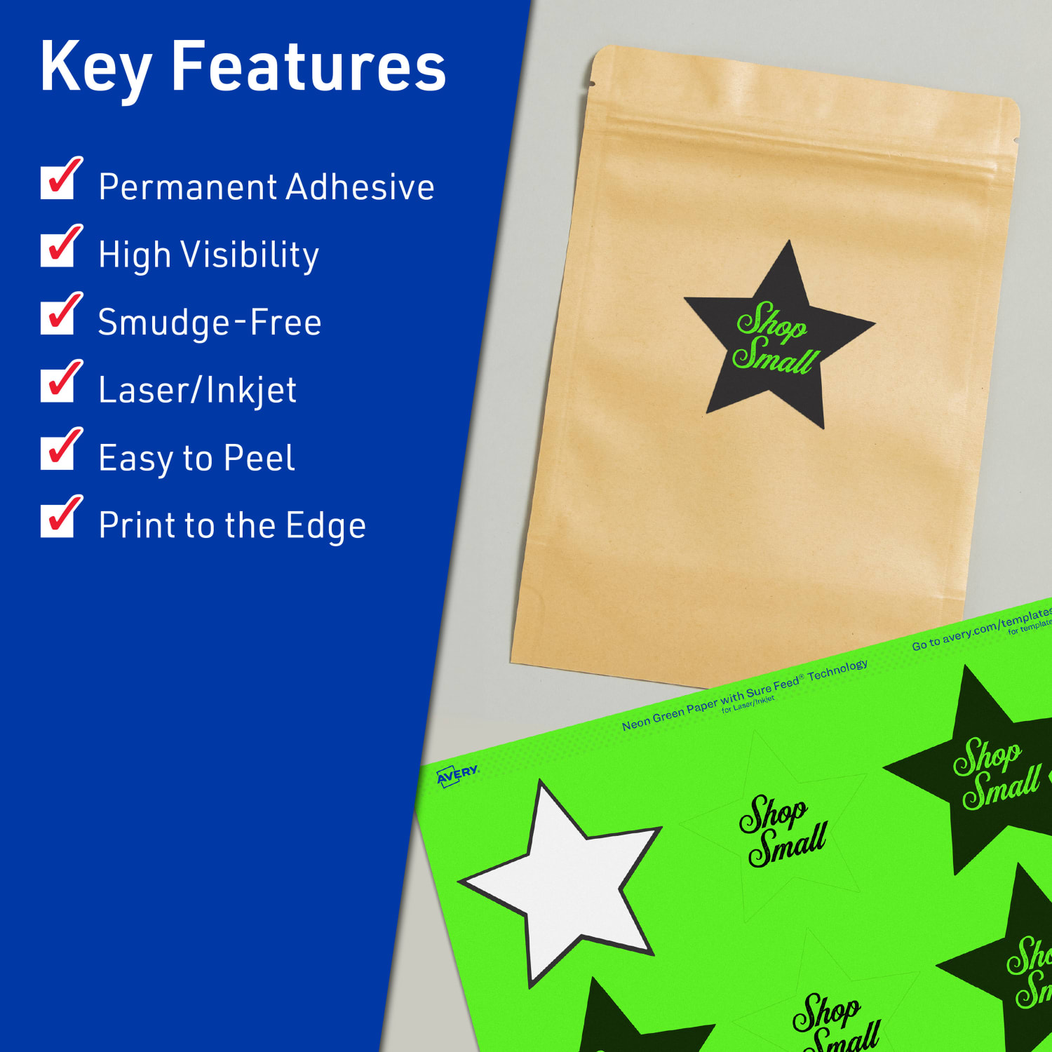 Avery Print-To-The-Edge Labels With Sure Feed Technology, 94611-NGP80, Star, 2-1/4in x 2-3/8in, Matte Neon Green, Pack of 960 - Image 3