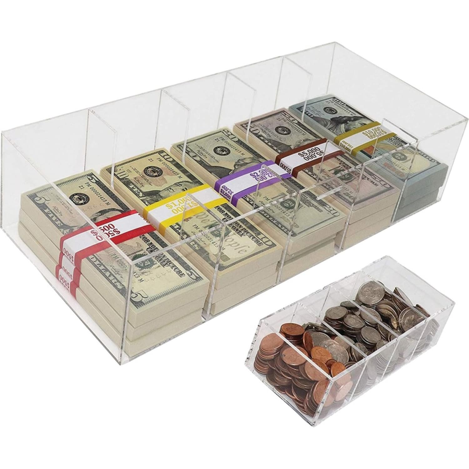 Nadex Coins 5-Compartment Currency Tray with Coin Tray - 4 Coin - Acrylic - Clear - 7in Height x 15.4in Width - Image 3