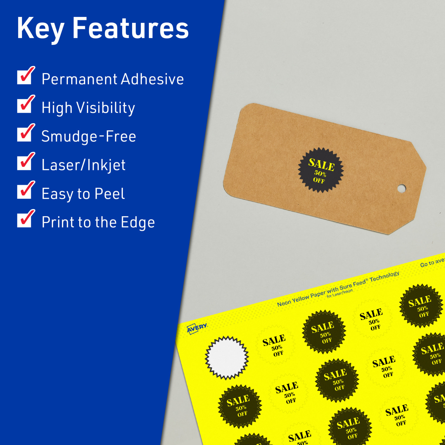 Avery Print-To-The-Edge Labels With Sure Feed Technology, 94606-NYP80, Starburst, 1in, Matte Neon Yellow, Pack of 3840 - Image 3