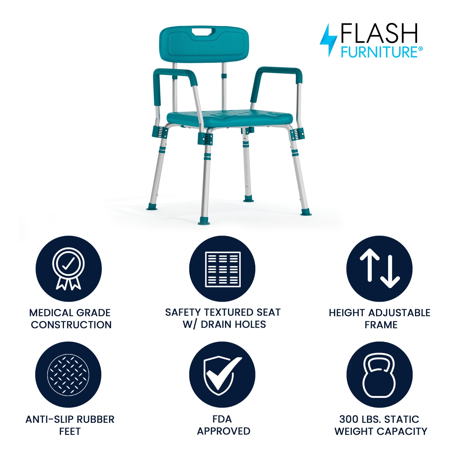 Flash Furniture Hercules Adjustable Bath And Shower Chair With Quick-Release Back And Arms, 34-3/4inH x 20-3/4inW x 19-3/4inD, Teal - Image 3