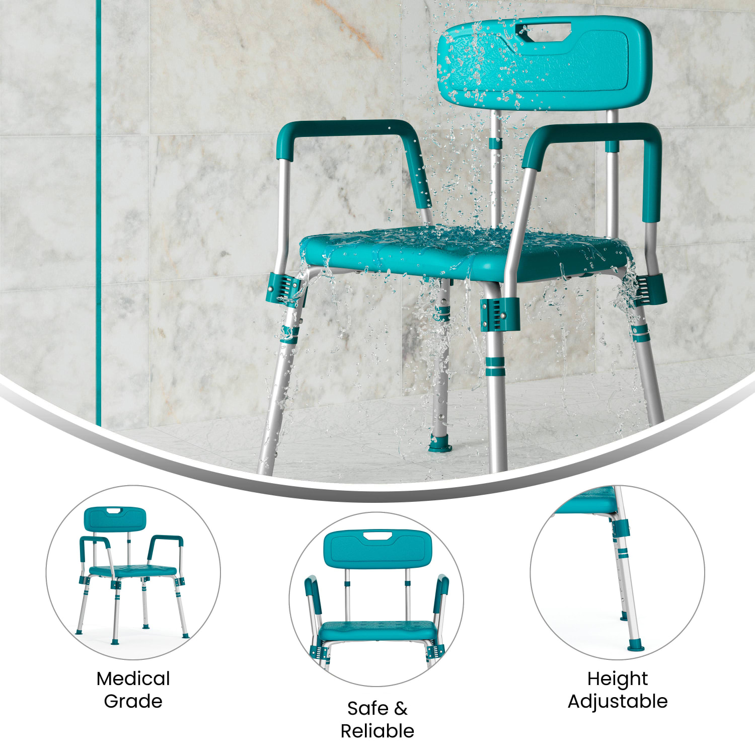 Flash Furniture Hercules Adjustable Bath And Shower Chair With Quick-Release Back And Arms, 34-3/4inH x 20-3/4inW x 19-3/4inD, Teal - Image 5