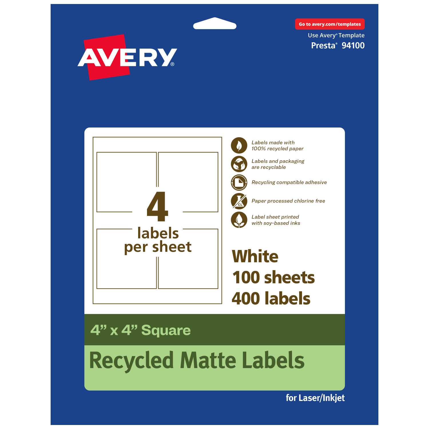 Avery Recycled Paper Labels, 94100-EWMP100, Square, 4in x 4in, White, Pack Of 400