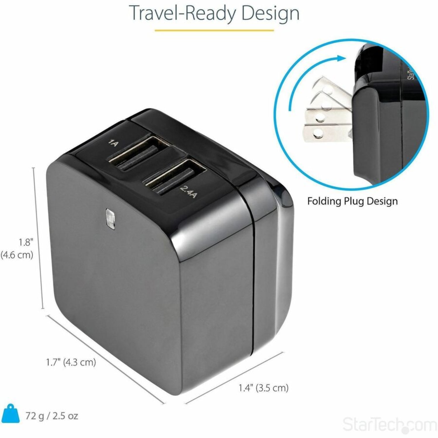 StarTech.com 2 Port USB Wall Charger, 17W Wall Charger Hub (2.4A & 1A port), Dual USB-A Power Adapter, Portable Charger for Phones/Tablets - Image 4