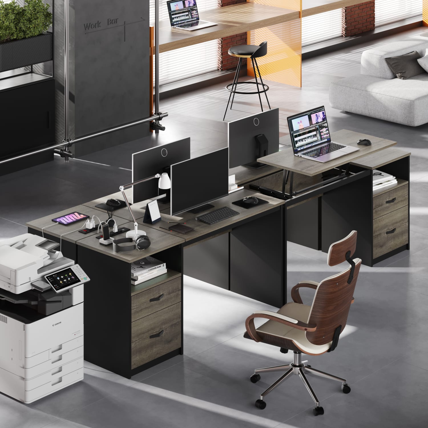 Bestier 60inW Large Lift-Top Adjustable-Height Office Standing Desk With File Drawer & Power Outlet USB, Gray - Image 6