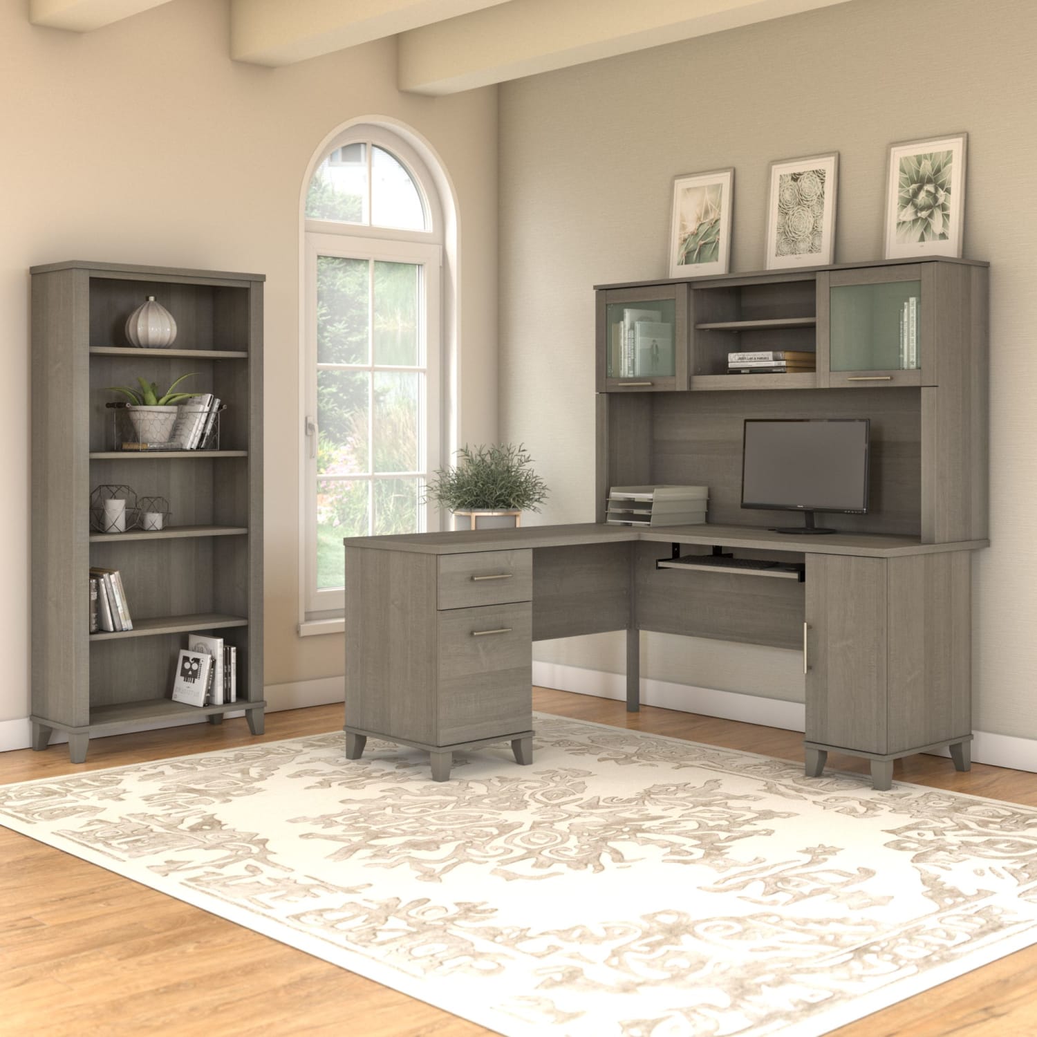 Bush Furniture Somerset L Shaped Desk With Hutch And 5 Shelf Bookcase, 60inW, Ash Gray, Standard Delivery - Image 6