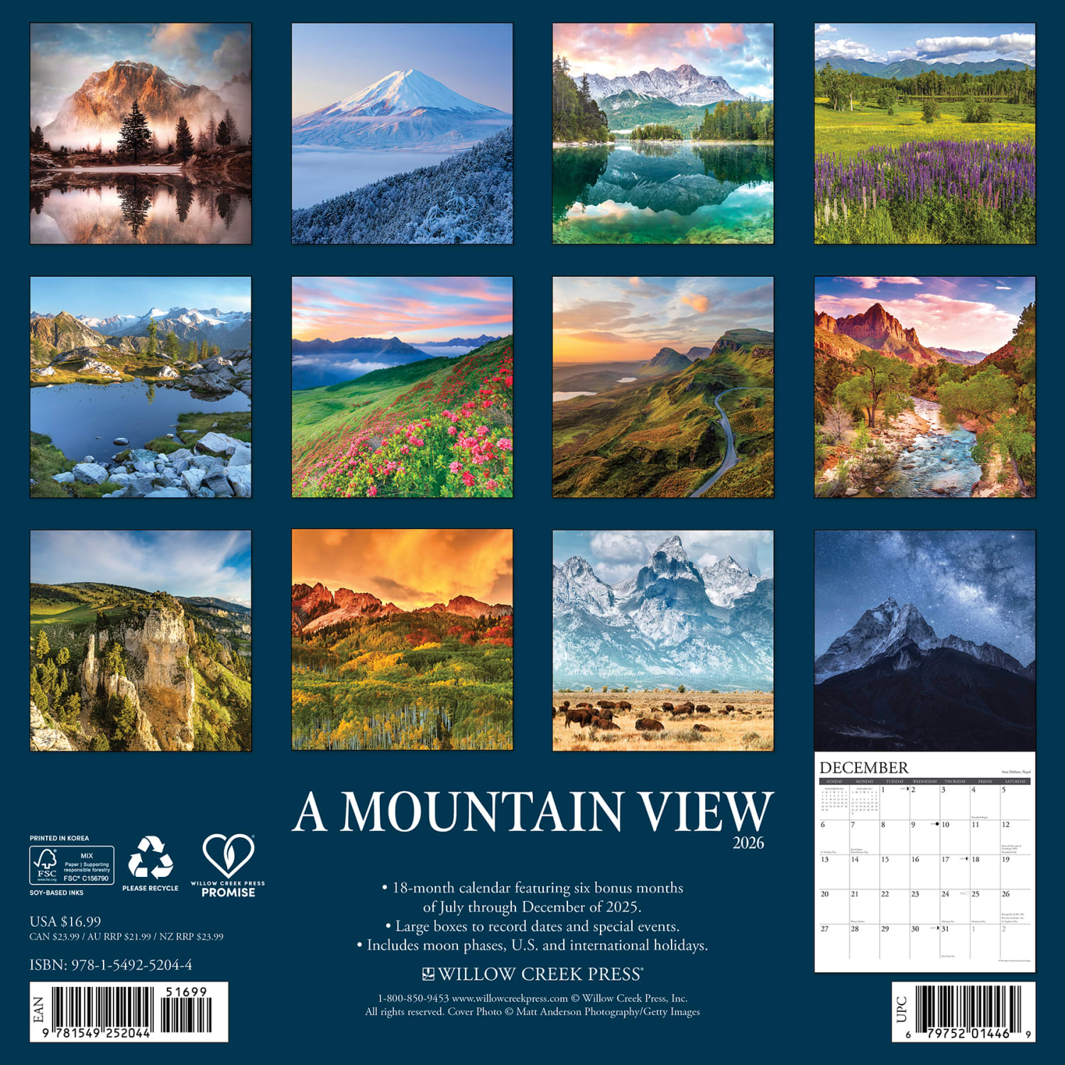 2026 Willow Creek Press Scenic Monthly Wall Calendar, 12in x 12in, Mountain View, January To December, 52044 - Image 6