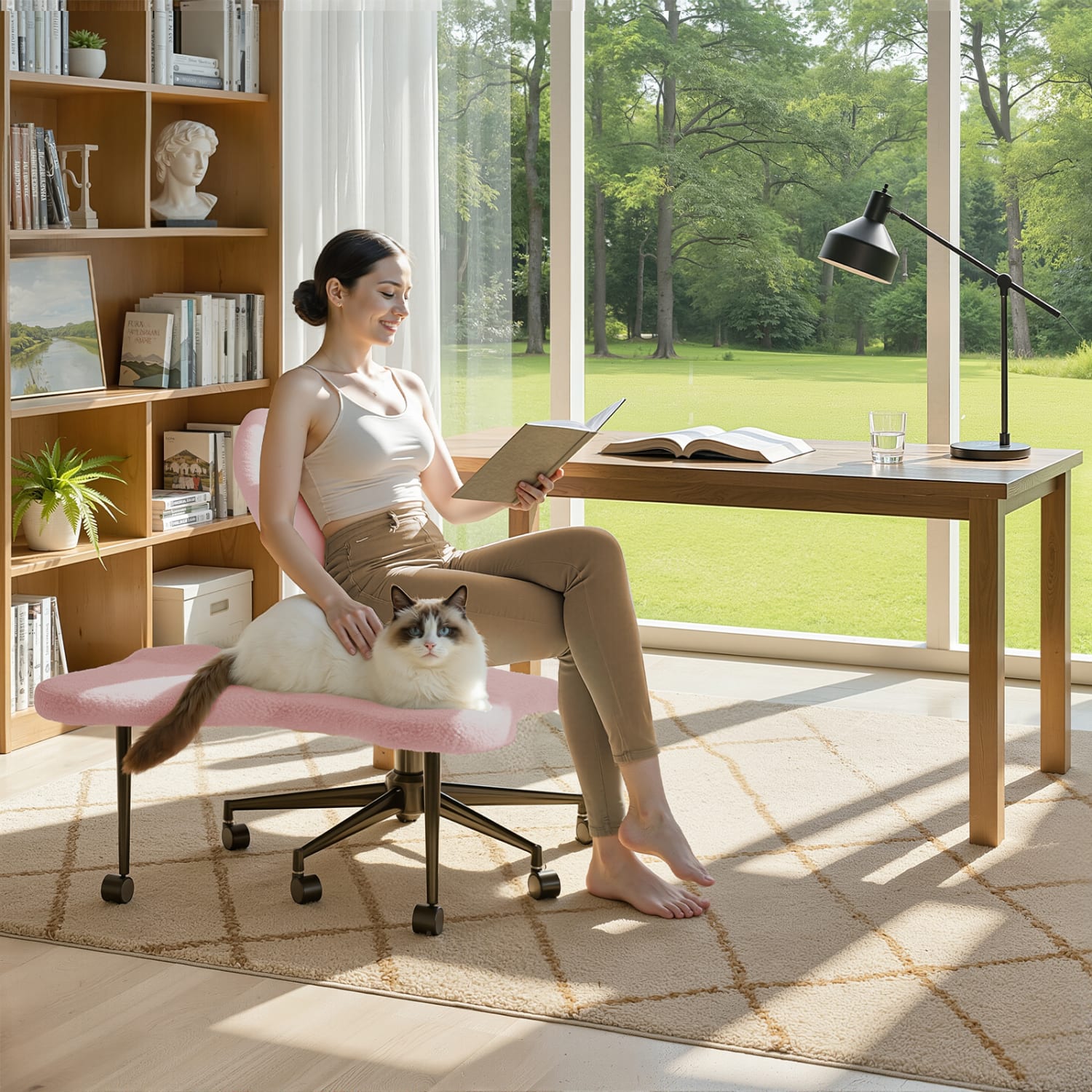 Pinmoco Ergonomic Fabric Mid-Back Cross-Legged Swivel Task Chair, Pink - Image 4