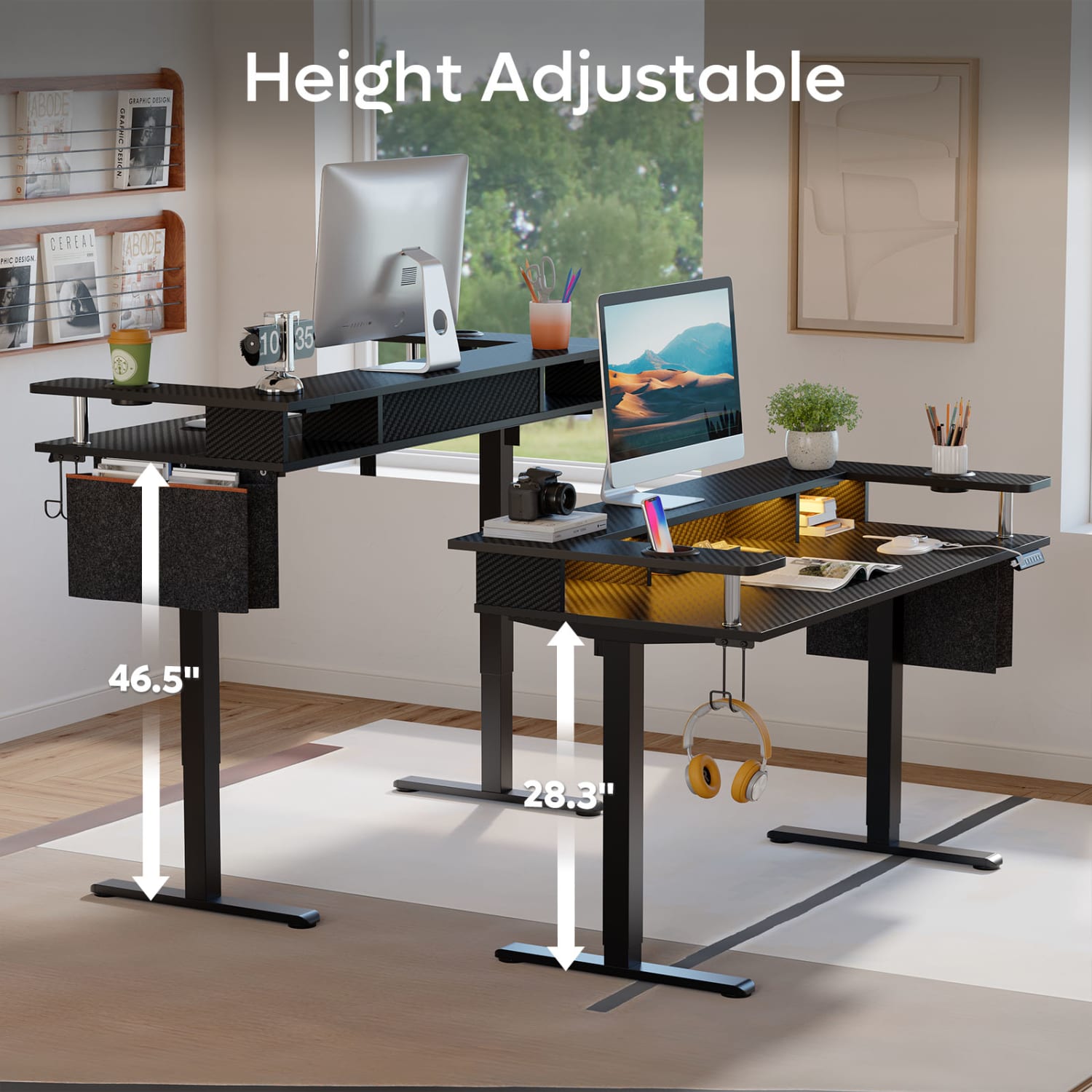 Bestier 59inW Electric Adjustable-Height Standing Desk With Monitor Riser, Cup Holder And Hooks, Carbon Fiber Black - Image 3