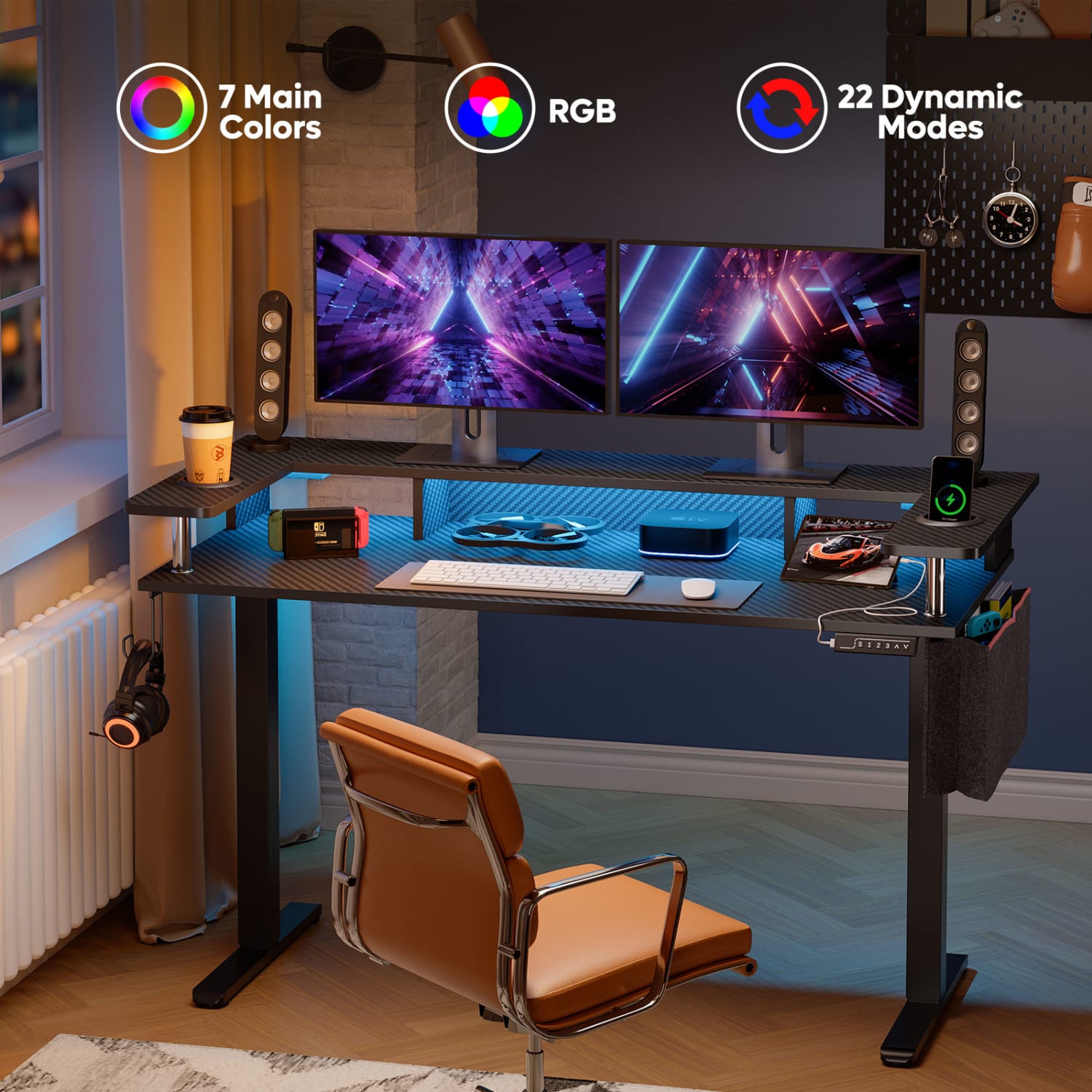 Bestier 59inW Electric Adjustable-Height Standing Desk With Monitor Riser, Cup Holder And Hooks, Carbon Fiber Black - Image 4