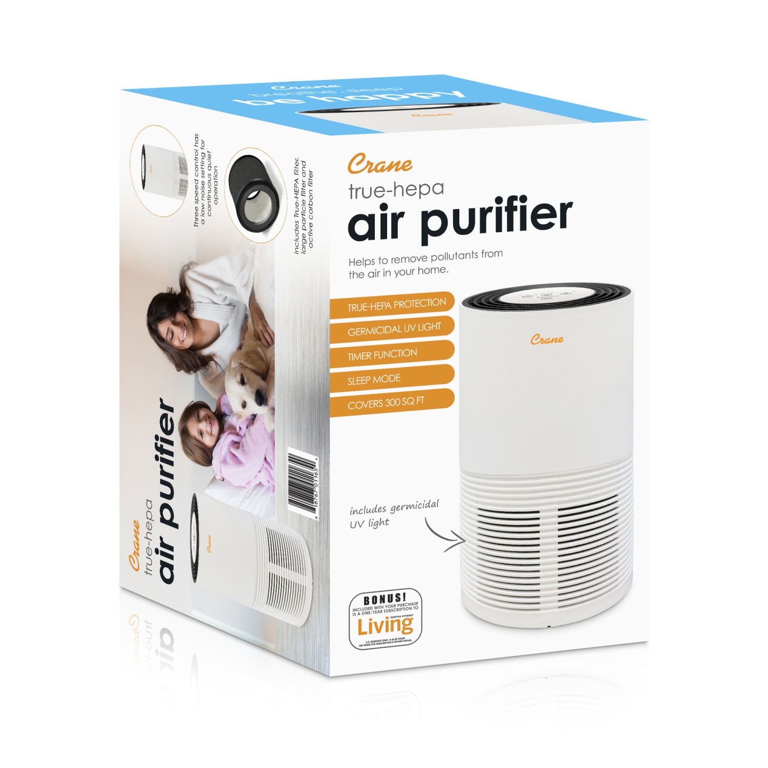 Crane True HEPA Air Purifier with Germicidal UV Light, 300 Sq Ft. Coverage, 9 1/2in x 9 1/2in x 15 1/3in, White - Image 6