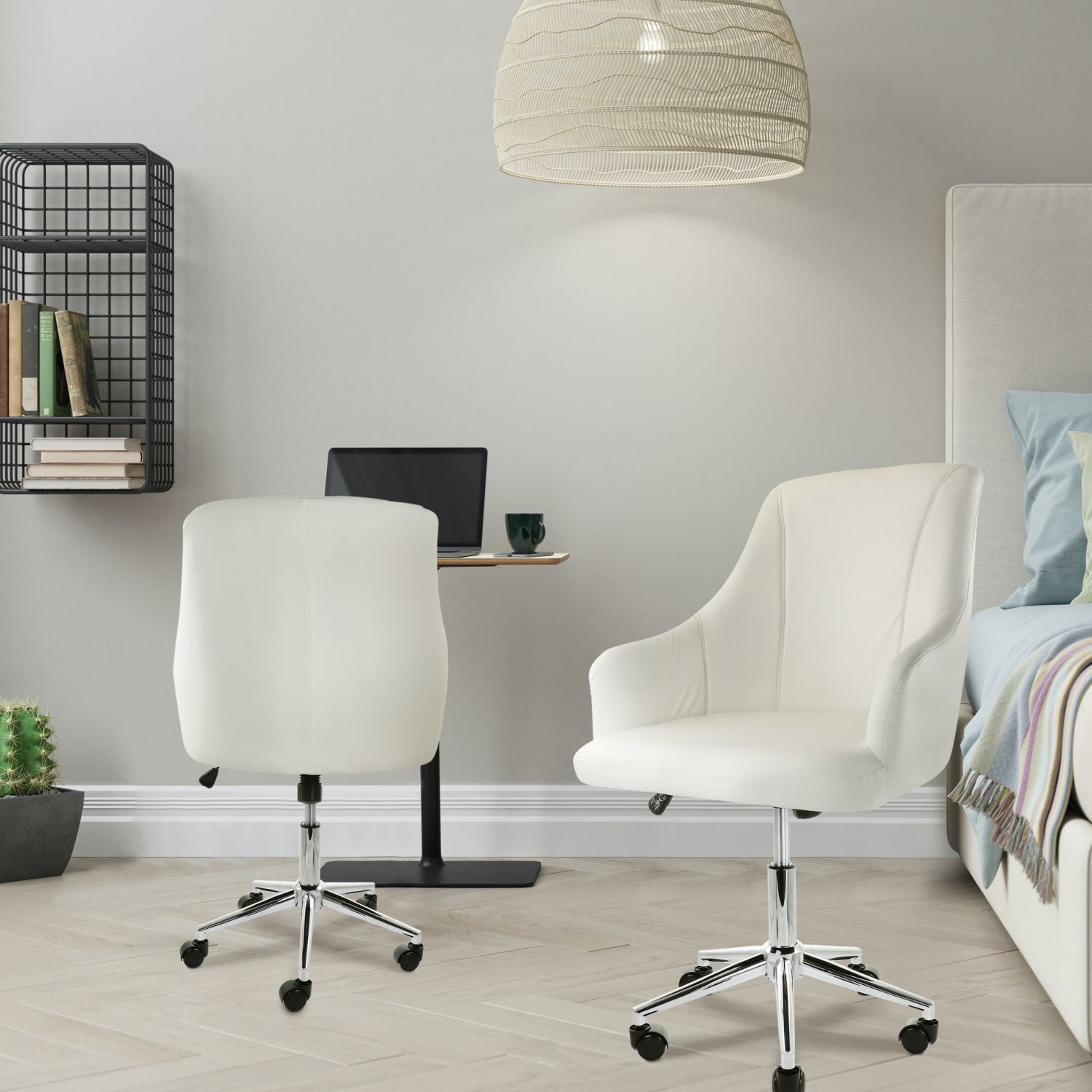 Elama Adjustable Faux Leather Mid-Back Rolling Office Chair, White/Chrome - Image 3