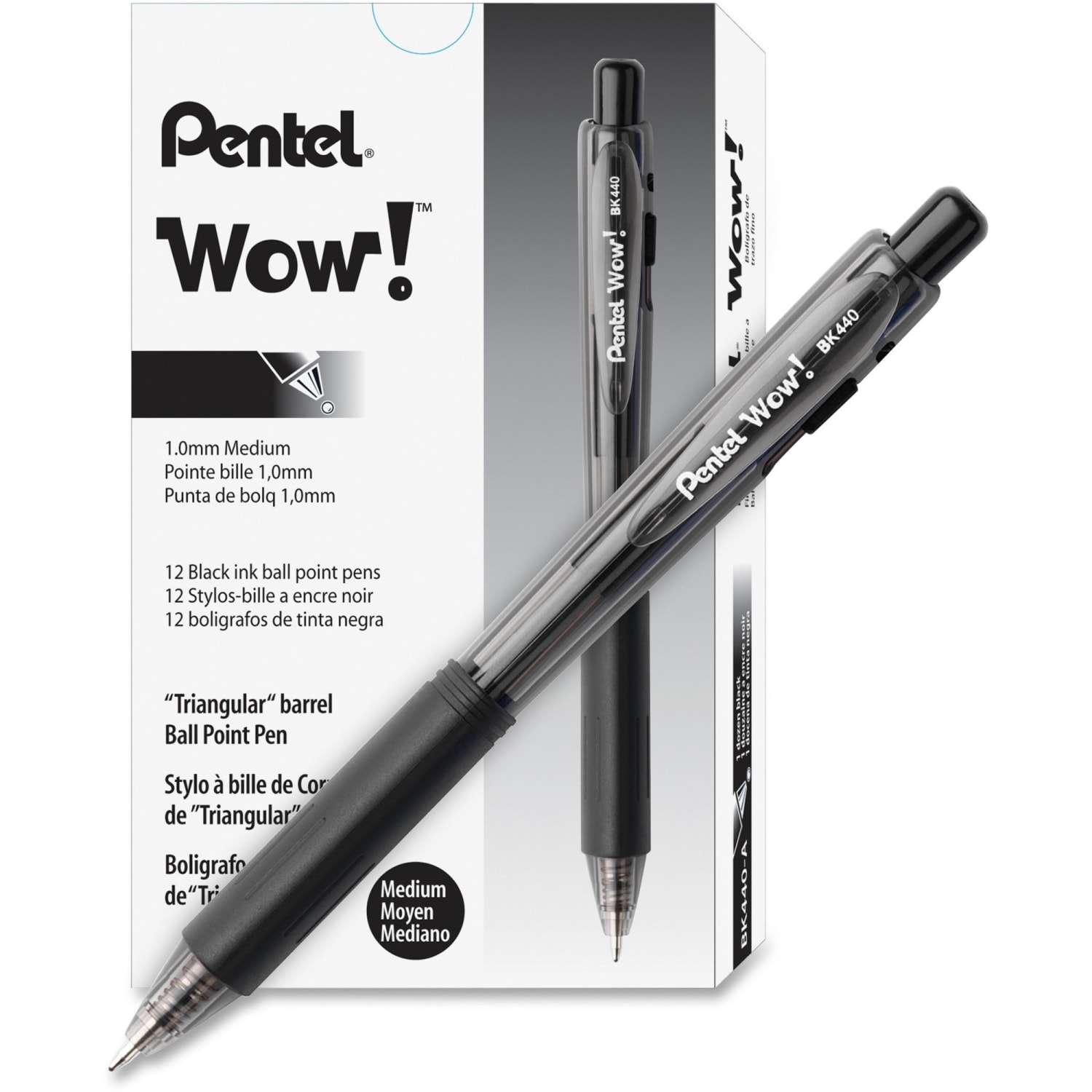 Pentel WOW! Retractable Ballpoint Pens, Pack Of 36, Medium Point, Transparent Barrel, Black Ink