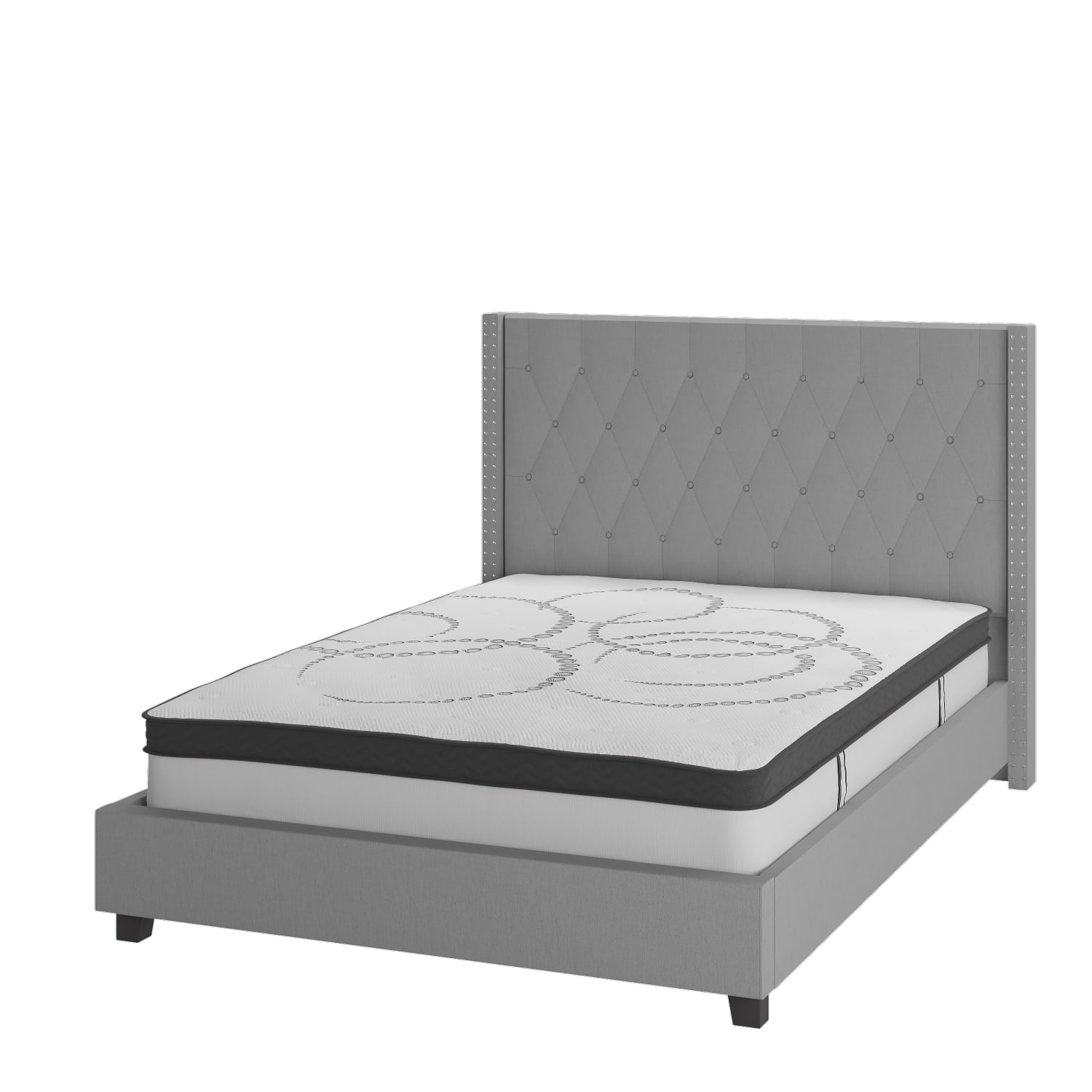 Flash Furniture Riverdale Tufted Upholstered Platform Bed With 10in CertiPUR-US Certified Foam And Pocket Spring Mattress, Full, Light Gray - Image 3