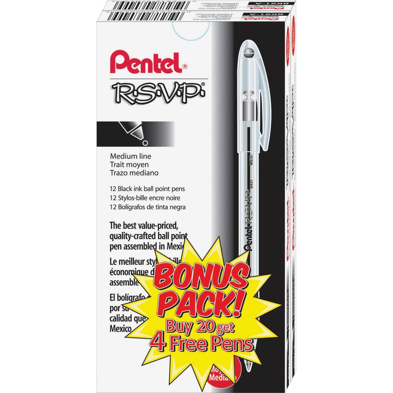 Pentel R.S.V.P. Ballpoint Stick Pens, Pack Of 24, Medium Point, 0.7 mm, Clear Barrel, Black Ink