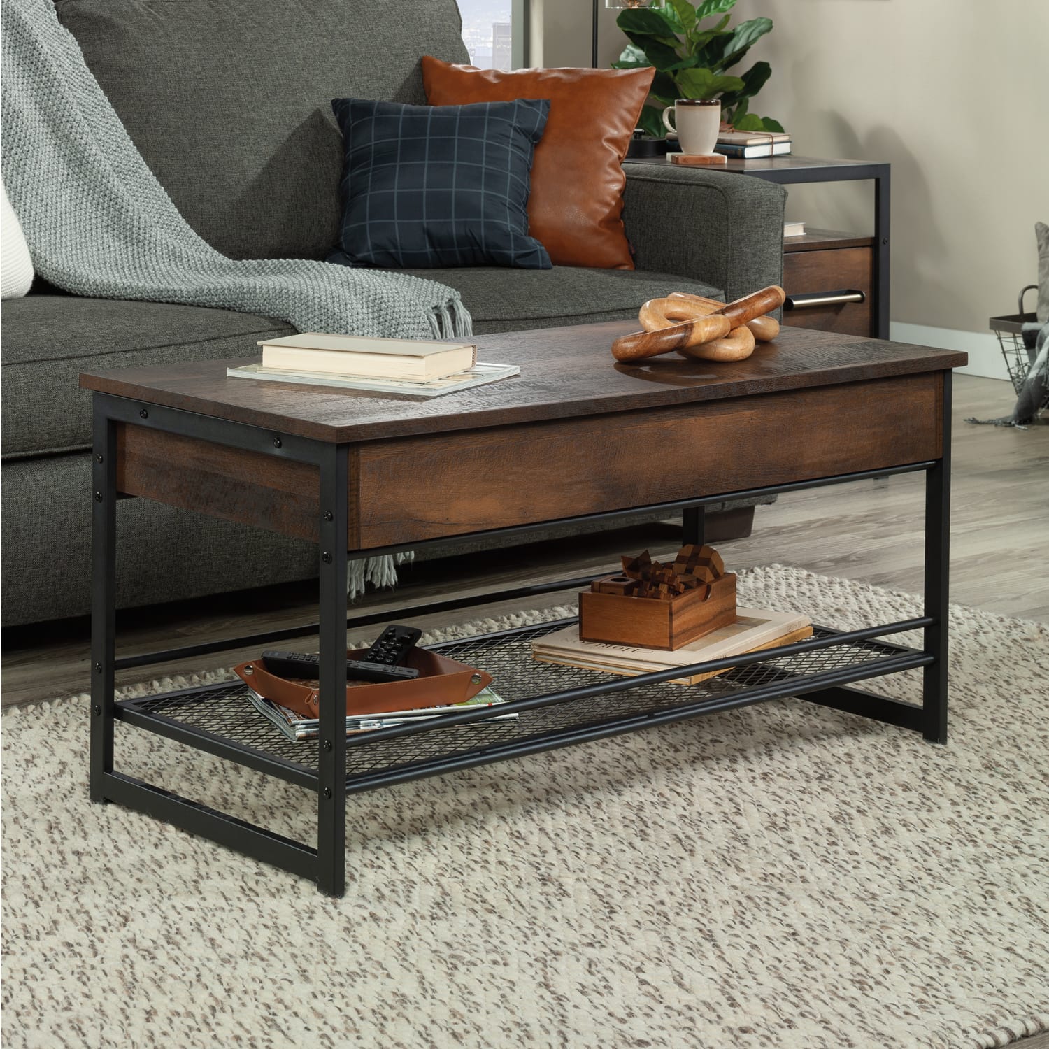 Sauder Briarbrook Metal Lift-Top Coffee Table/Computer Desk, 19-3/4inH x 40inW x 19-1/2inD, Barrel Oak/Black - Image 4