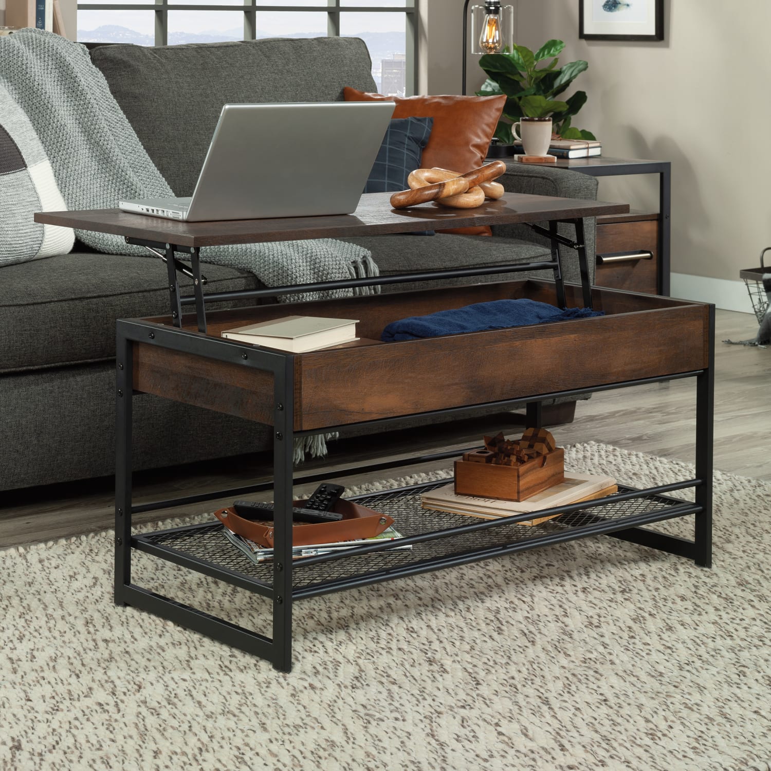 Sauder Briarbrook Metal Lift-Top Coffee Table/Computer Desk, 19-3/4inH x 40inW x 19-1/2inD, Barrel Oak/Black - Image 5