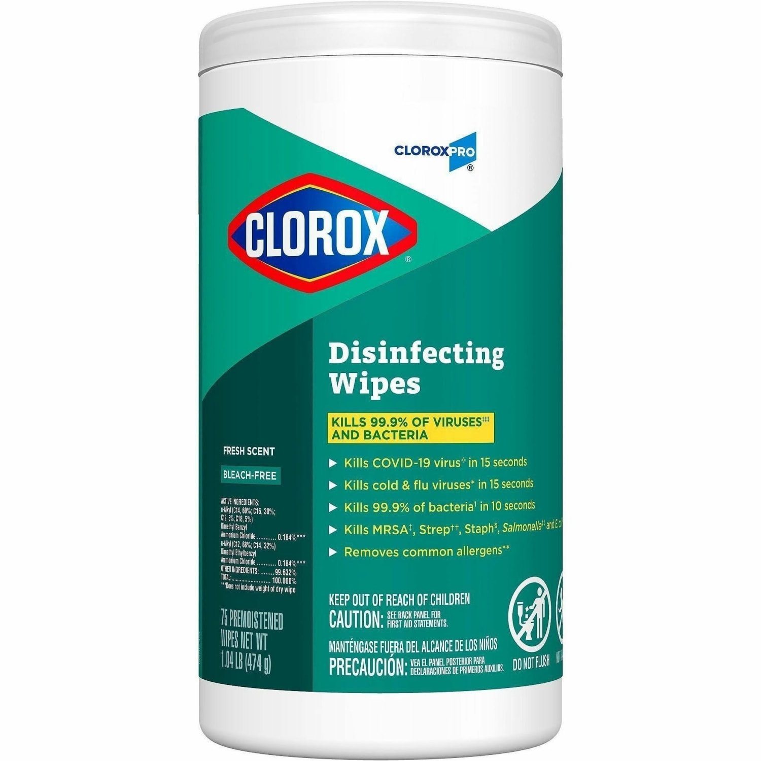 CloroxPro Disinfecting Wipes - Ready-To-Use - Fresh Scent - Easy Tear, Pre-moistened, Bleach-free, Phosphorous-free, Easy to Use, Antibacterial - Green - 75 Tub - 480 / Pallet - Image 3