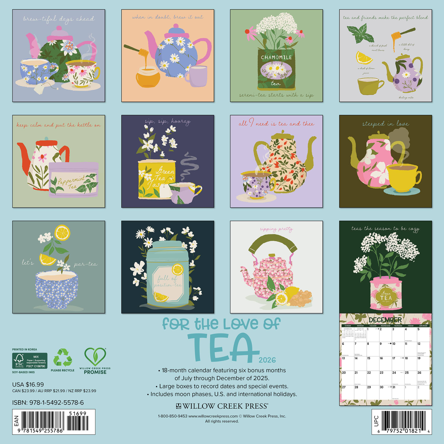 2026 Willow Creek Press Art & Design Monthly Wall Calendar, 12in x 12in, For the Love of Tea, January To December, 55786 - Image 6