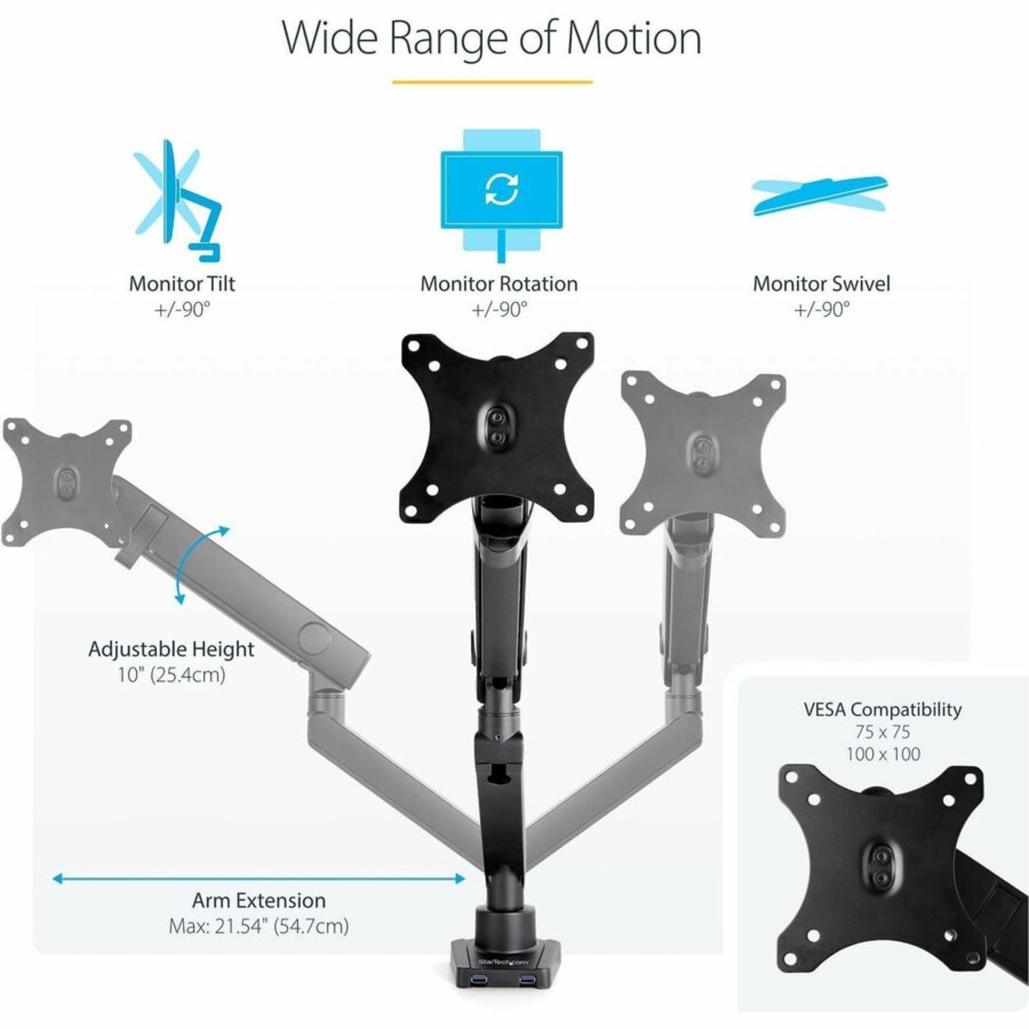 StarTech.com Desk Mount Monitor Arm with 2x USB 3.0 ports - Slim Full Motion Single Monitor VESA Mount up to 34in Display - C-Clamp/Grommet - Image 5