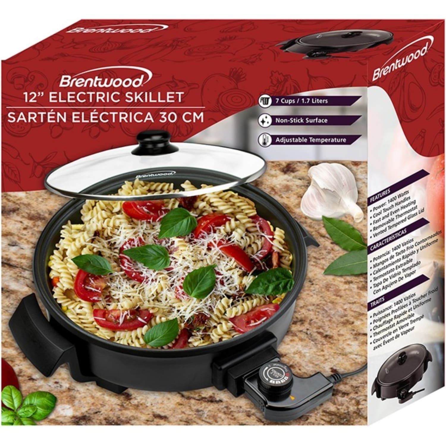 Brentwood SK-67BK 12-Inch Round Non-Stick Electric Skillet with Vented Glass Lid, Black - 12.50in Width x 15.25in Length - 450 deg.F (232.2 deg.C) - 1400 W - Image 3