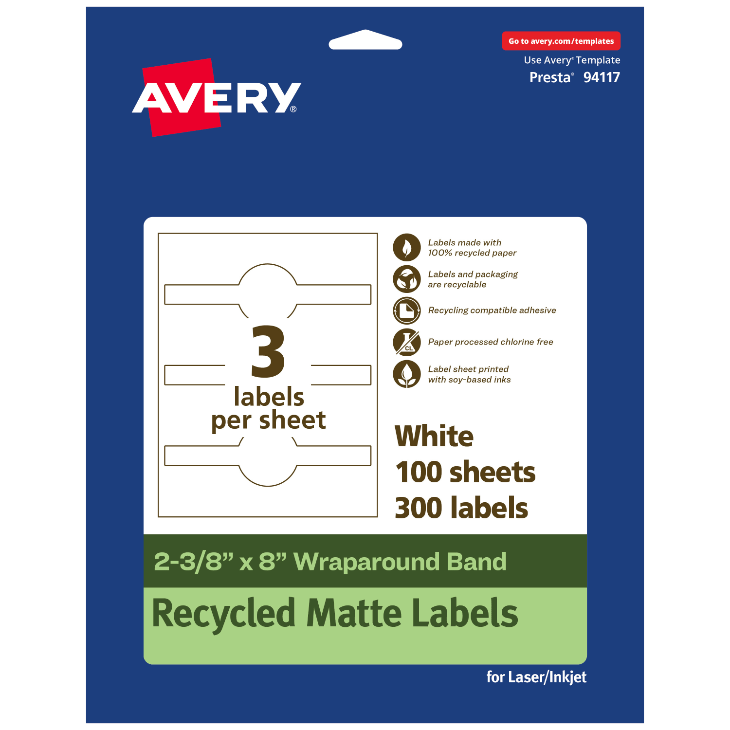 Avery Recycled Paper Labels, 94117-EWMP100, Cigar, 2-3/8in x 8in, White, Pack Of 300