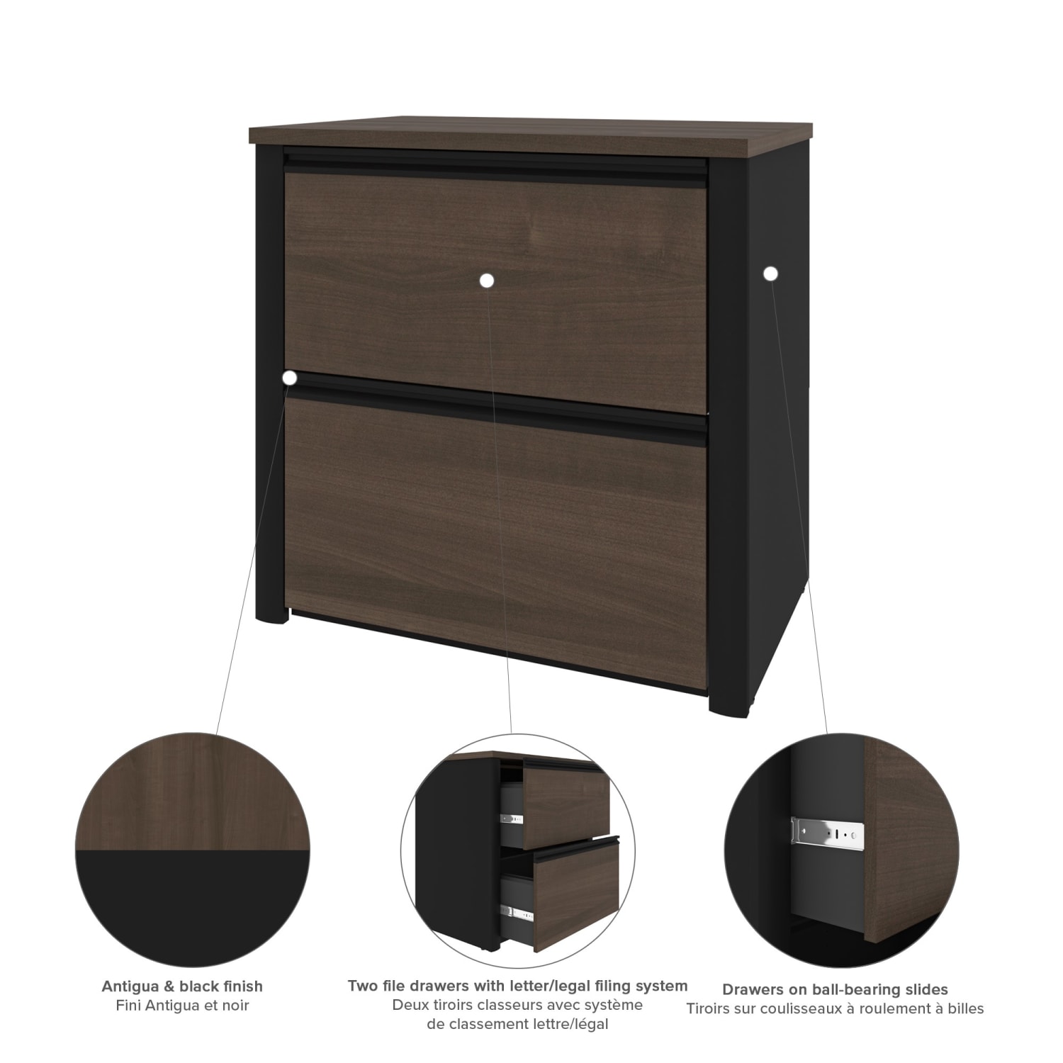 Bestar Connexion 30-3/4inW x 19-3/5inD Lateral 2-Drawer File Cabinet, Antigua/Black - Image 4