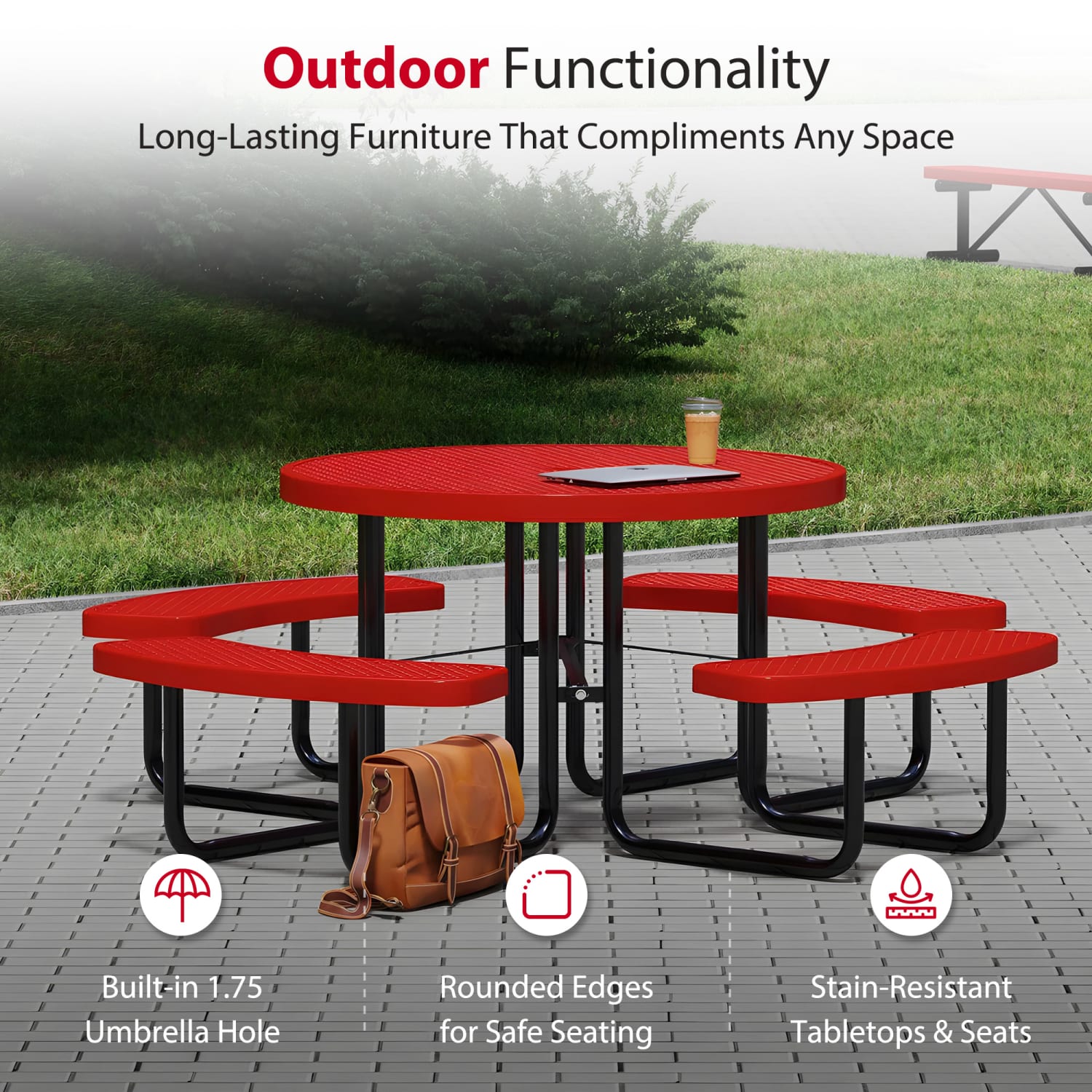 Leisure Craft Round Outdoor Picnic Table, 29-1/4inH x 81inW x 81inD, Black/Red - Image 4