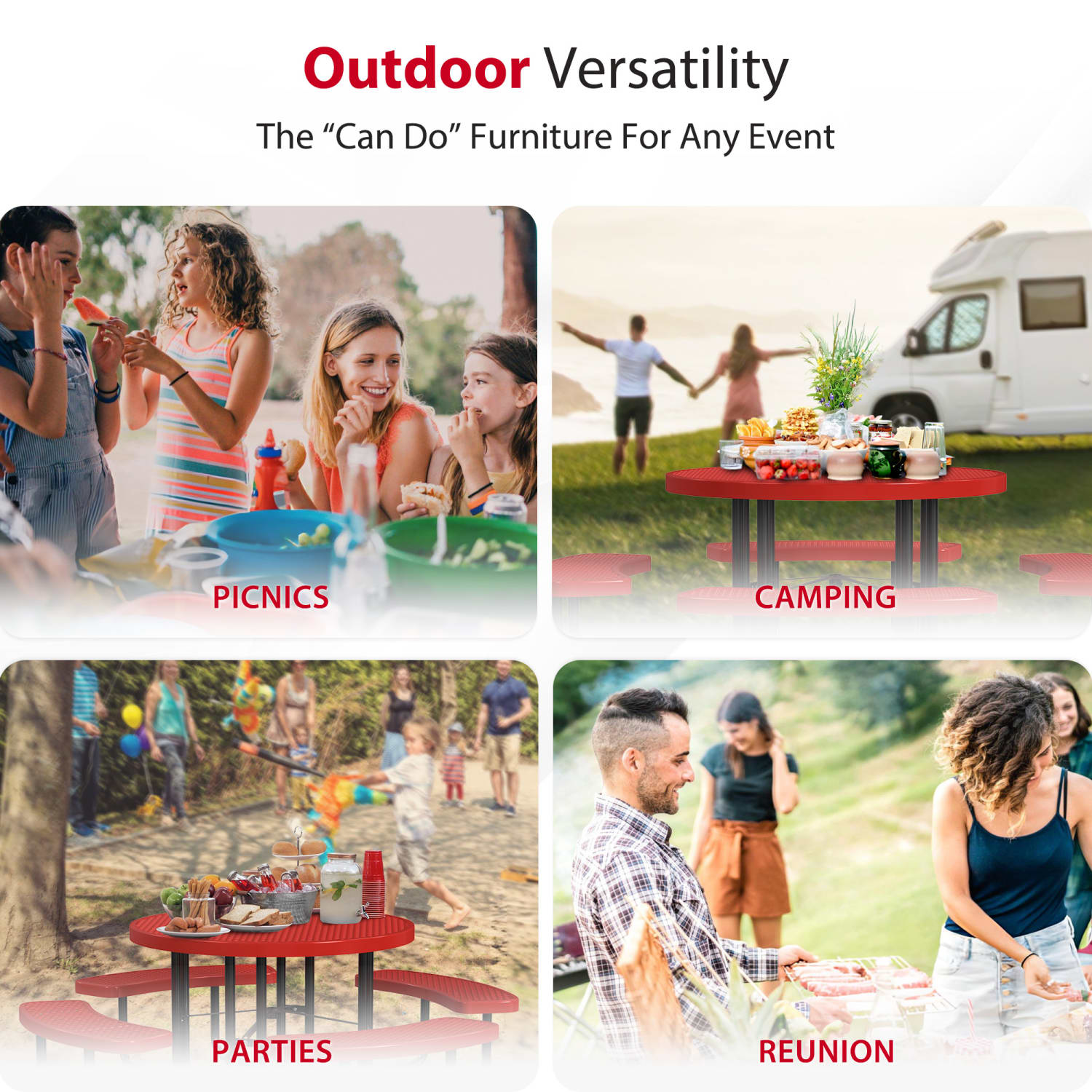 Leisure Craft Round Outdoor Picnic Table, 29-1/4inH x 81inW x 81inD, Black/Red - Image 6