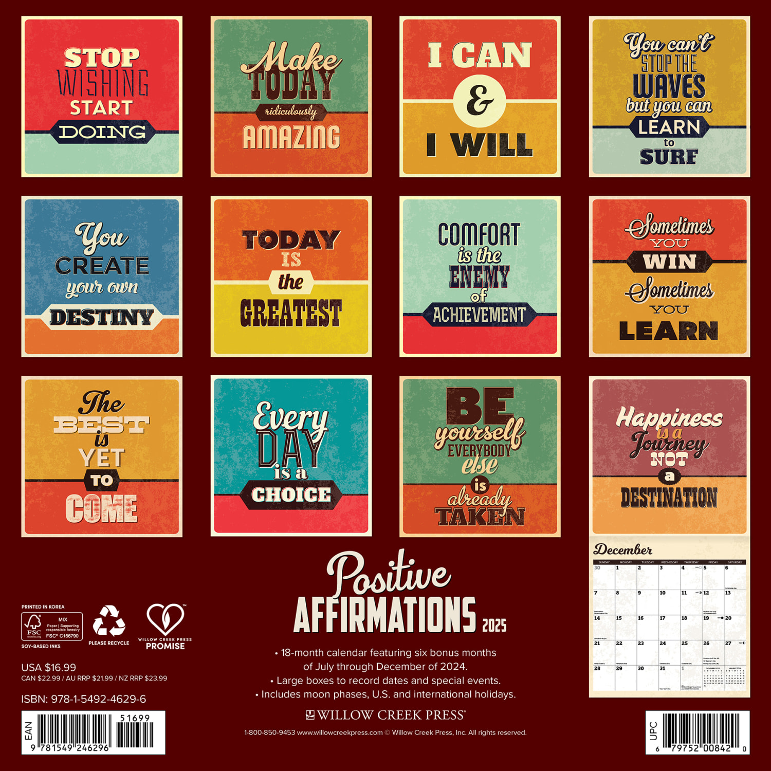 2025 Willow Creek Press Wall Calendar, 12in x 12in, Positive Affirmations, January 2025 To December 2025, 46296 - Image 6