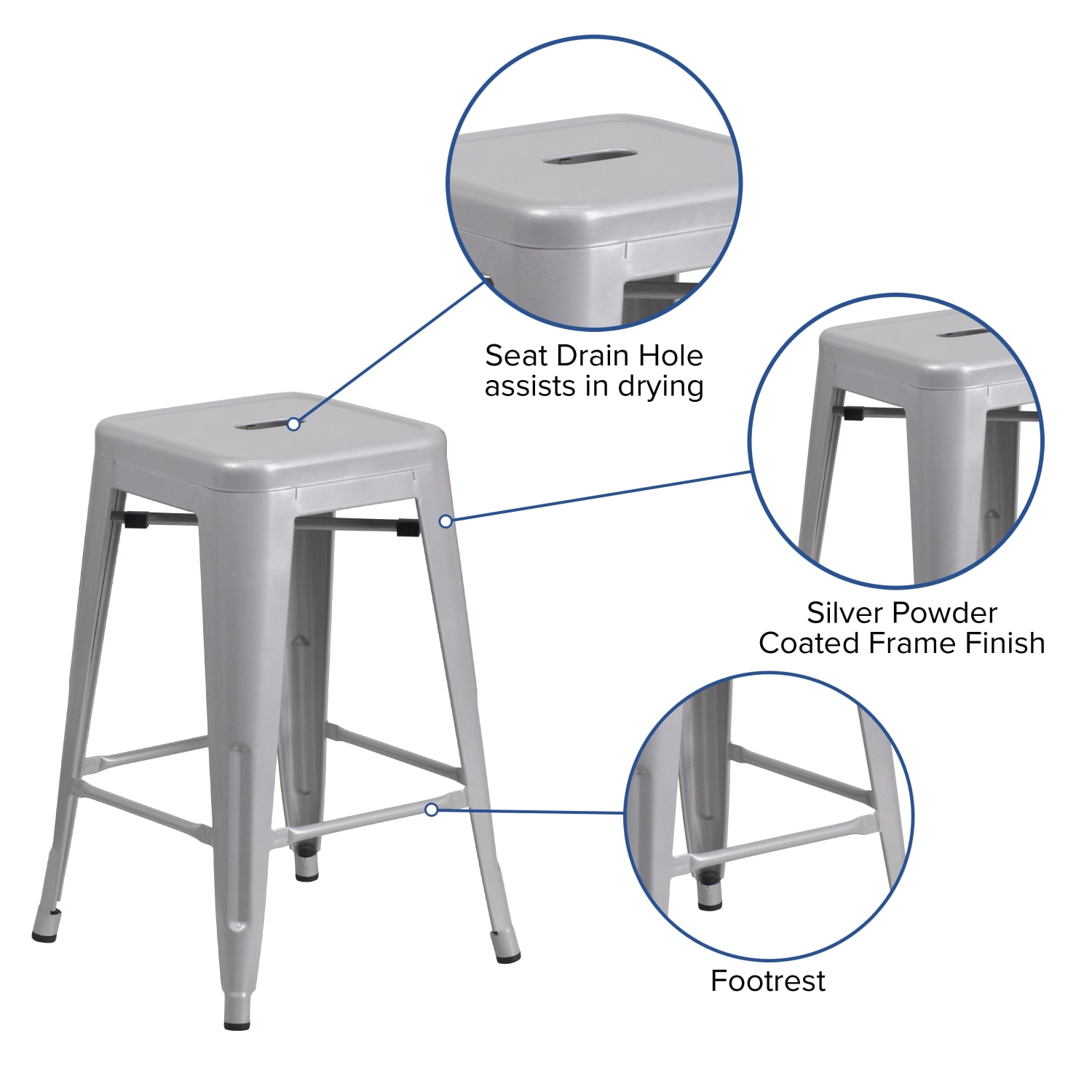 Flash Furniture 24inH Commercial Grade Metal Backless Counter Stool Silver PopularChairscom