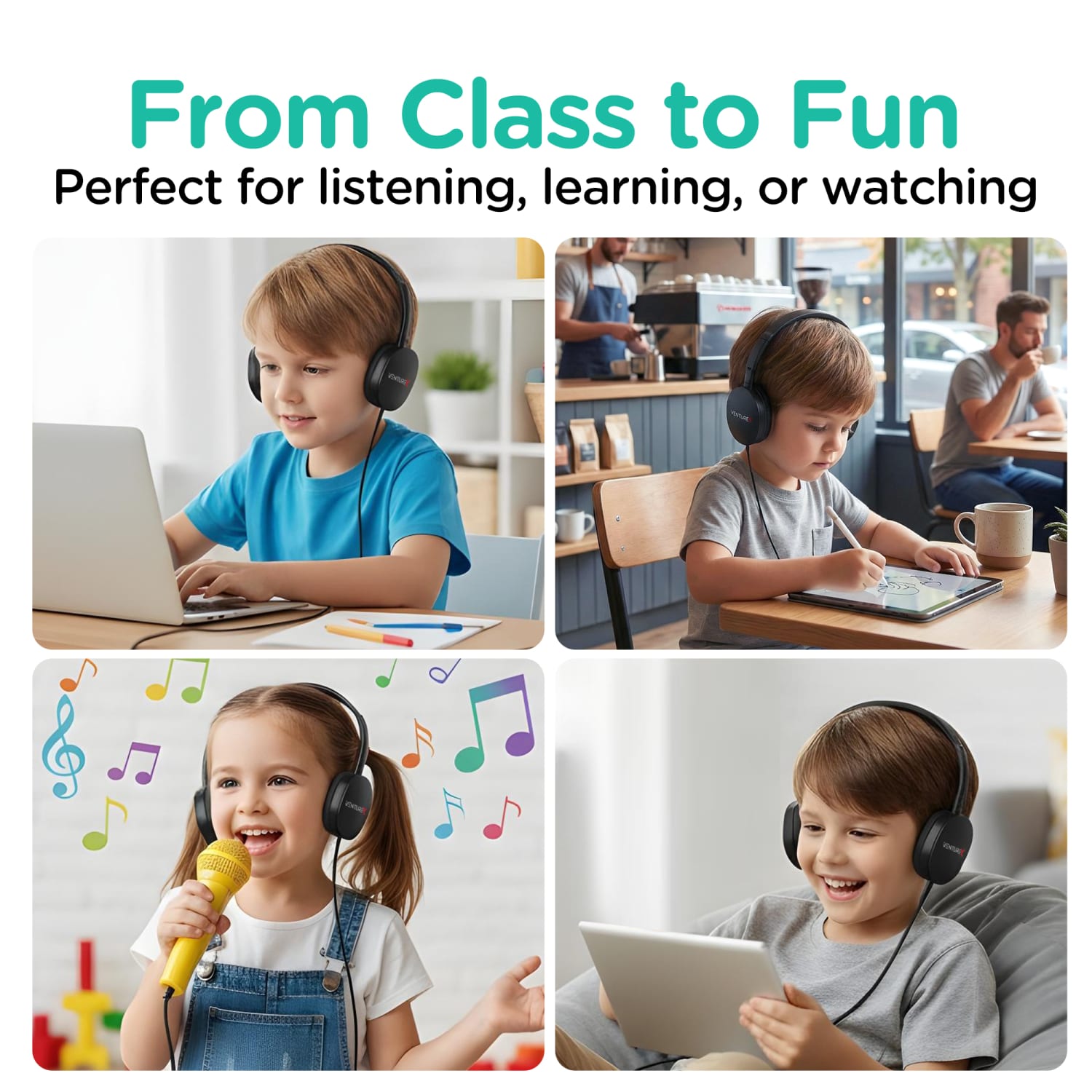 VentureX K22 Wired Kids Headset, 3.5mm/Stereo, Black, Total Qty 1 - Image 3
