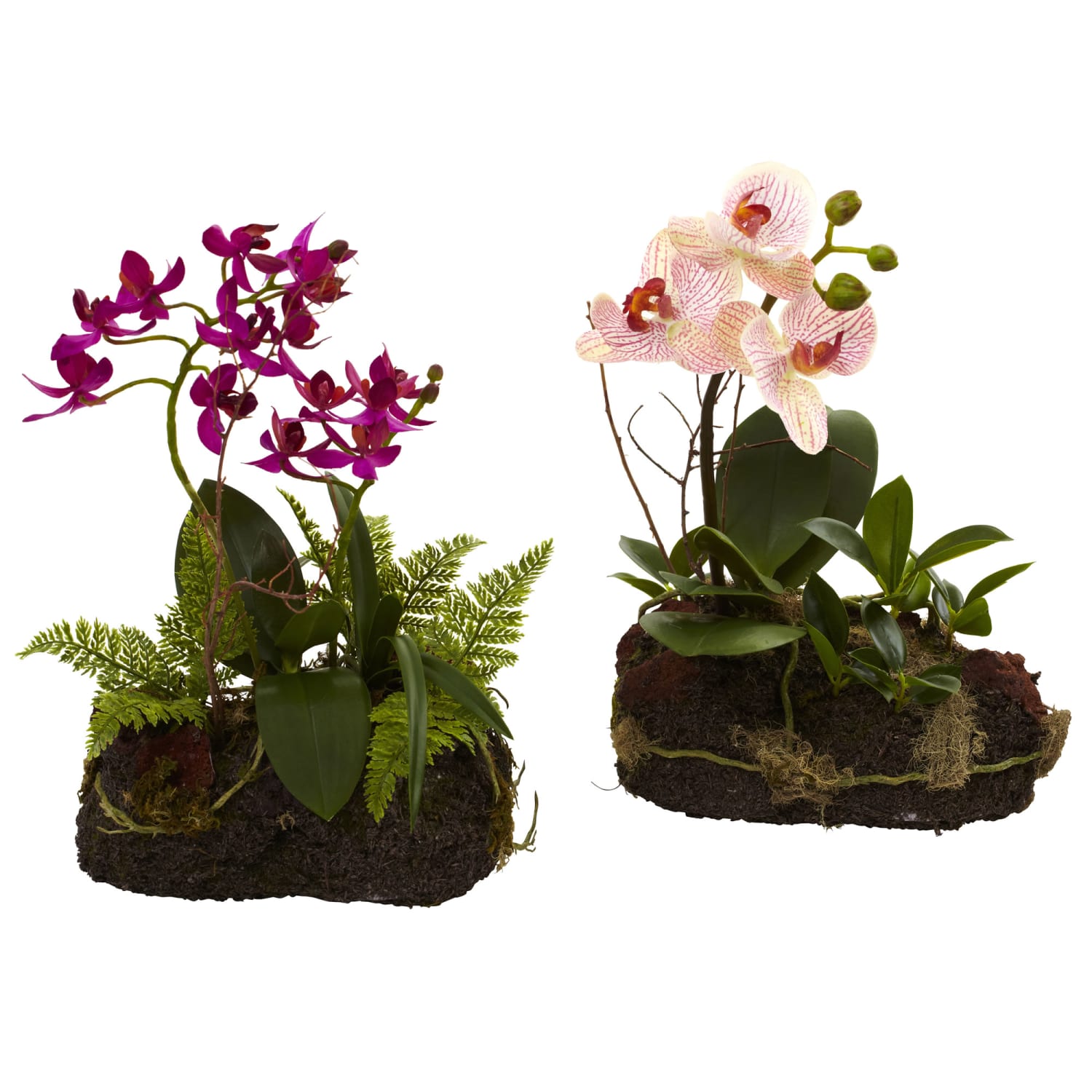 Nearly Natural Orchid Island 10inH Artificial Floral Arrangements With Pot, 10inH x 7inW x 6inD, Pink/Green, Set Of 2