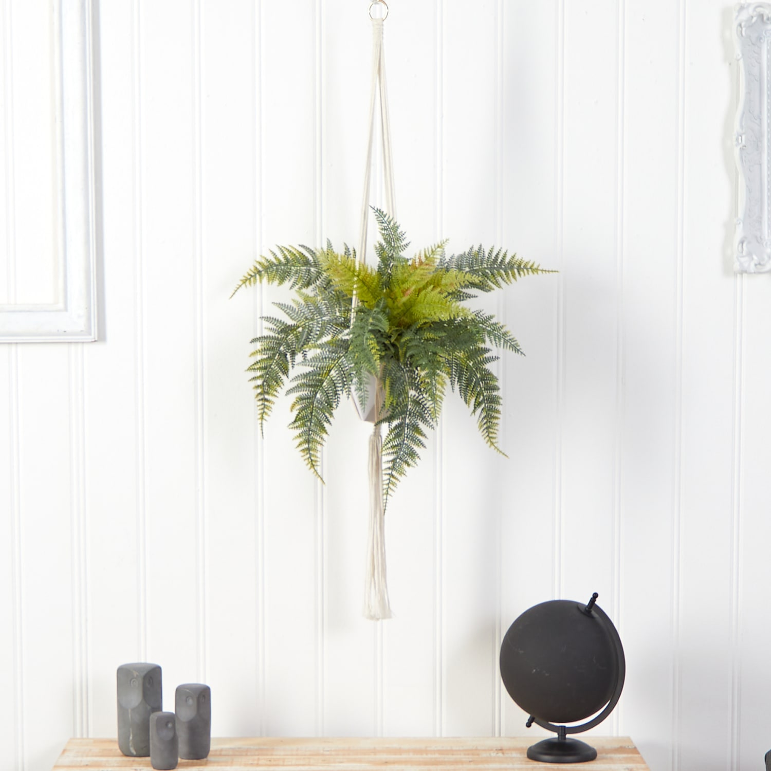 Nearly Natural Hanging Fern 25inH Artificial Plant With Decorative Basket, 25inH x 16inW x 12inD, Green/White - Image 4